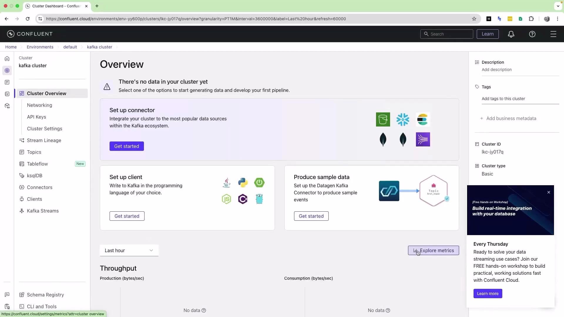 The image shows a Confluent Cloud dashboard interface focusing on a Kafka cluster overview, with options to set up connectors, clients, and produce sample data. There are sections for networking, API keys, and other Kafka-related settings on the left sidebar.