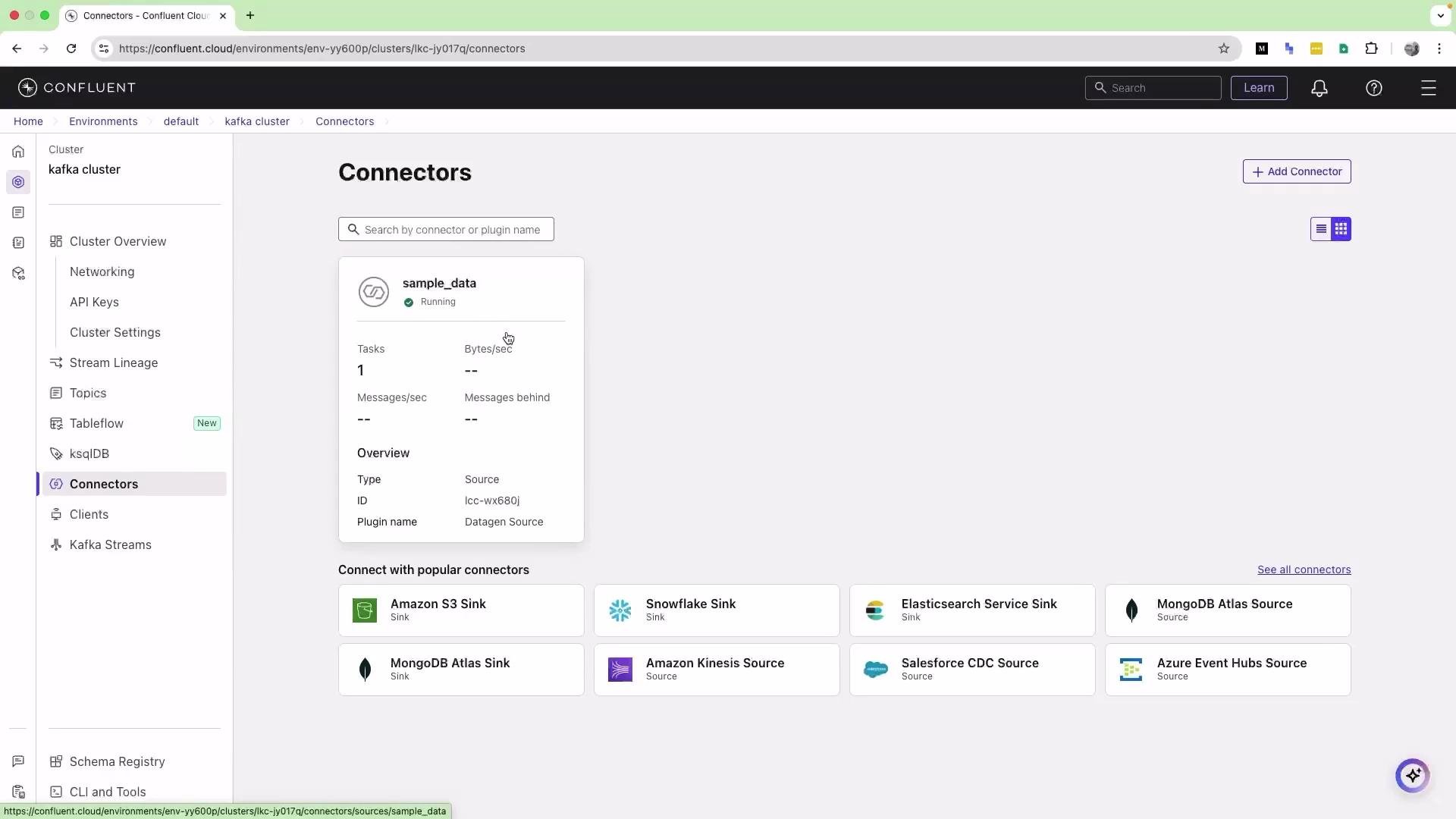 The image displays a Confluent Cloud interface showing connectors for a Kafka cluster, with a "sample_data" connector running and options for various sink and source connectors.