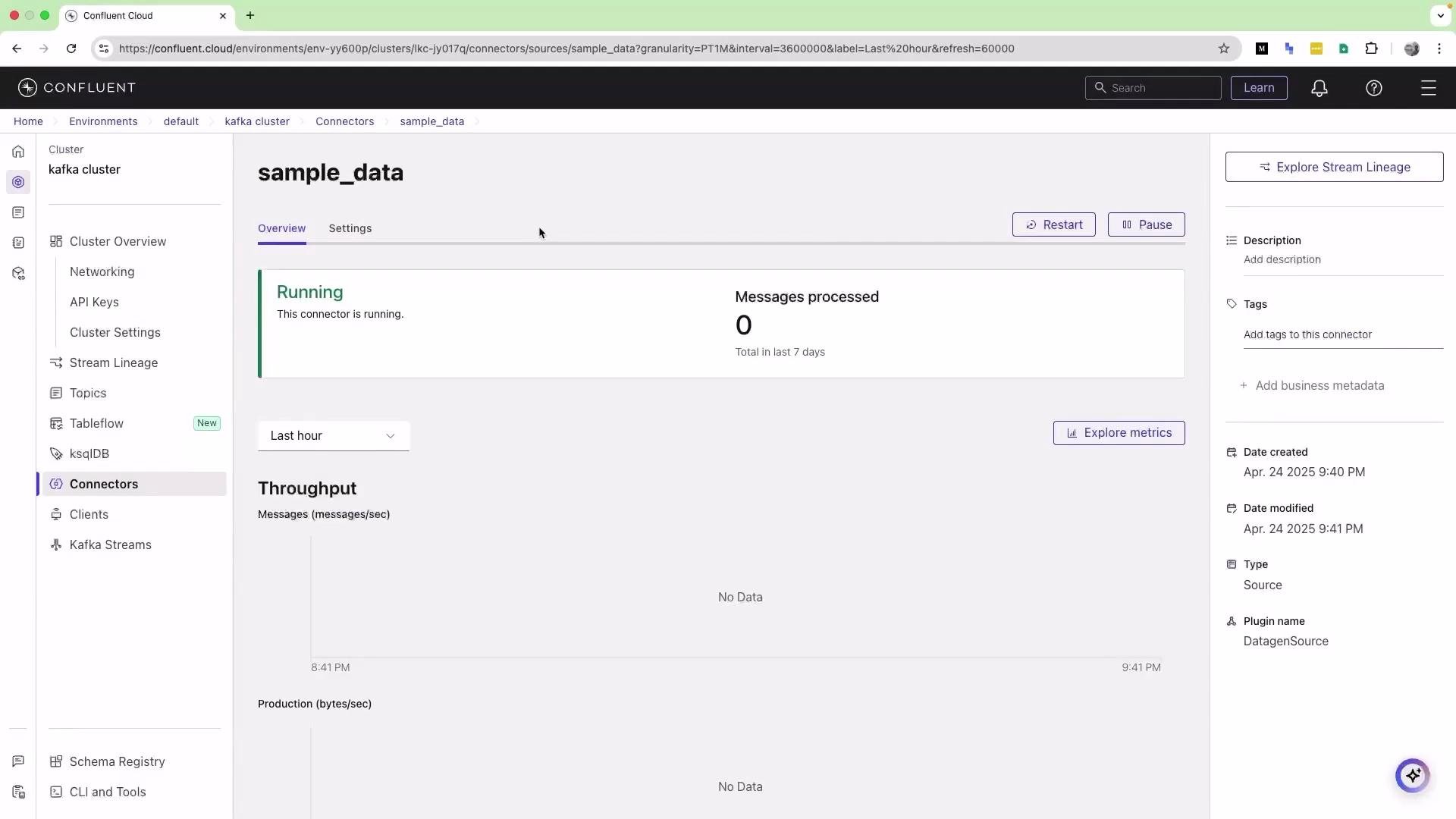 The image shows a Confluent Cloud interface displaying a running connector named "sample_data" with no messages processed in the last seven days. The sidebar includes options like Cluster Overview, Networking, and Connectors.