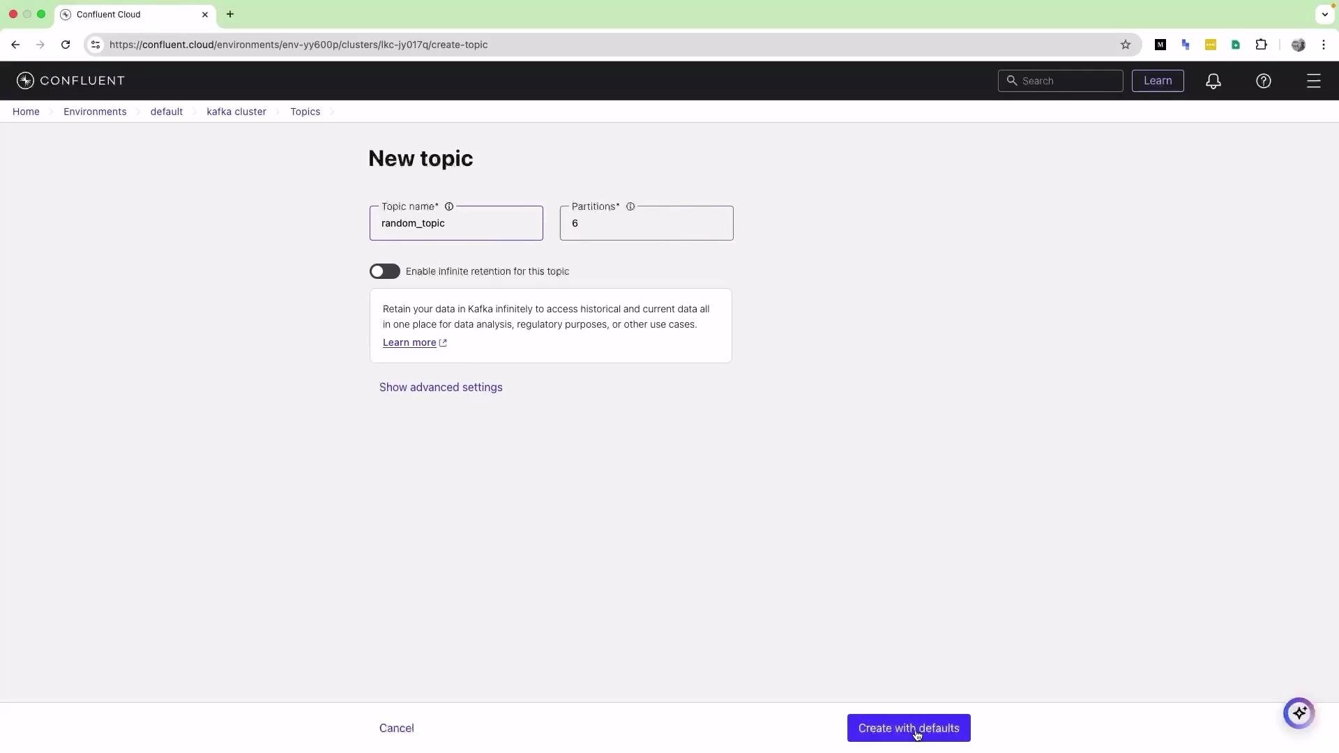 The image shows a "New topic" creation page in Confluent Cloud for a Kafka cluster, with fields to input a topic name and partitions, and an option for infinite retention.