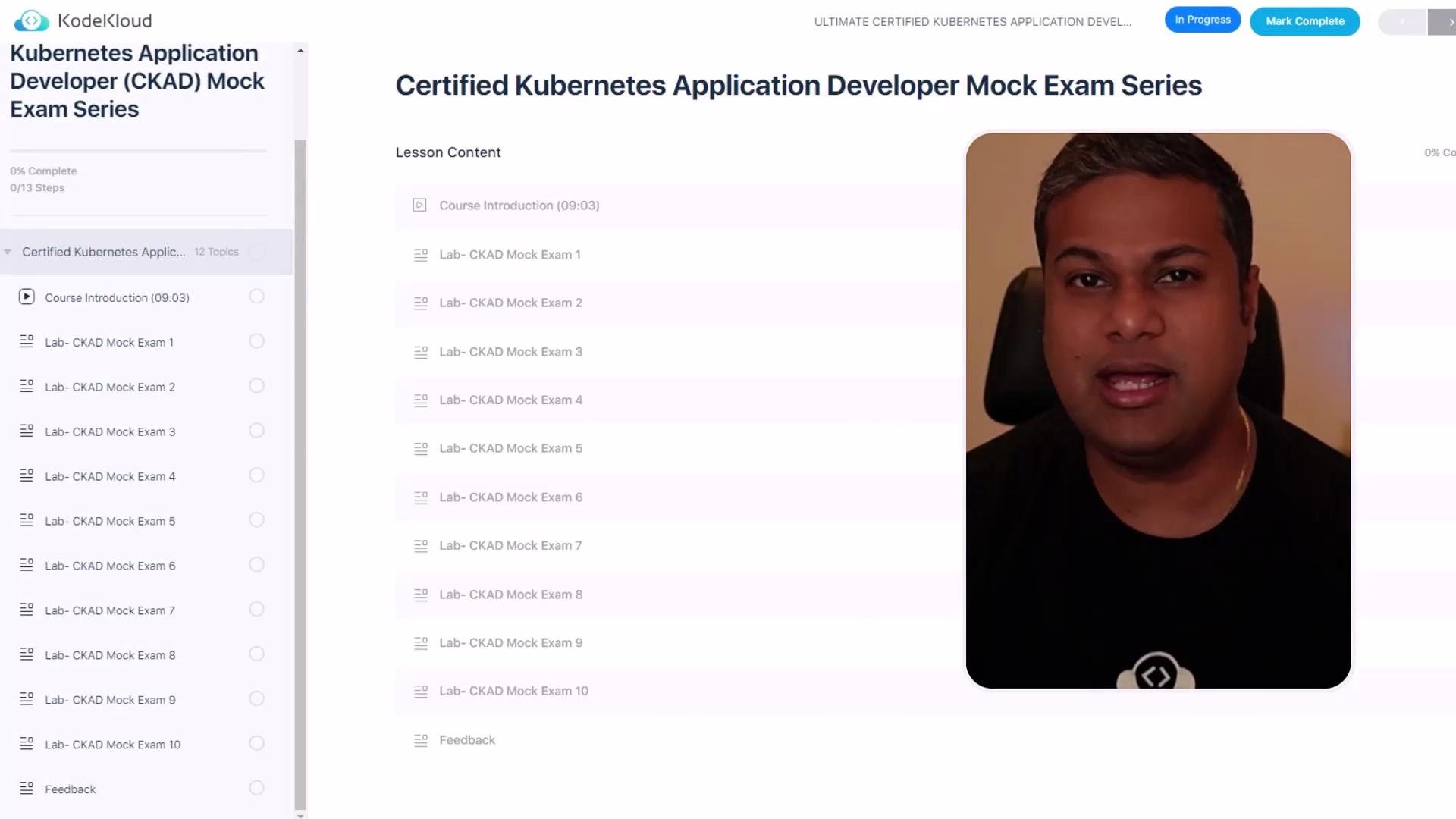 The image shows a webpage from KodeKloud offering a Certified Kubernetes Application Developer (CKAD) Mock Exam Series with a list of lab exams and a video introduction featuring a person speaking.