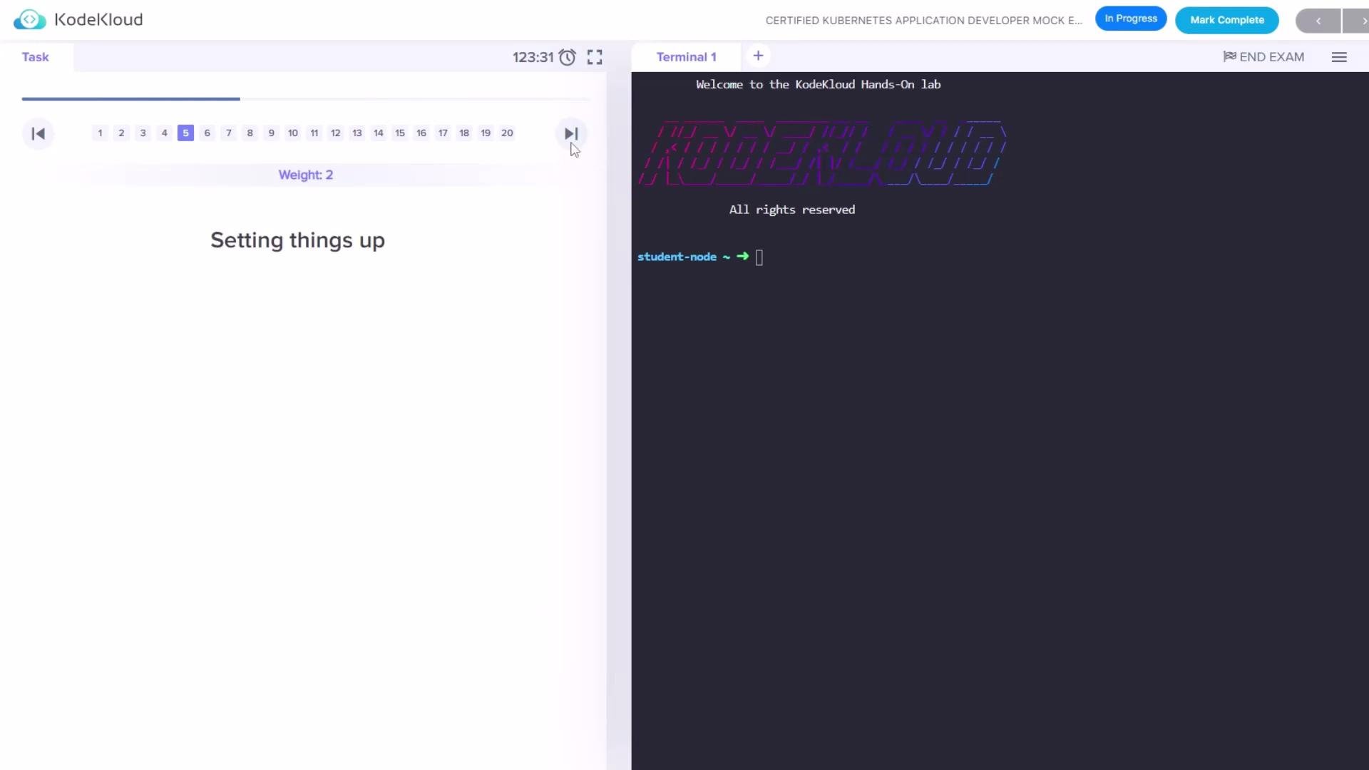 The image shows a task interface from KodeKloud on the left with a terminal on the right, displaying the "KodeKloud" logo and a command prompt.