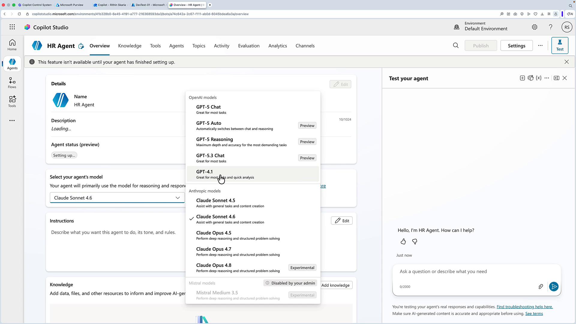 A screenshot of Microsoft Copilot Studio showing an "HR Agent" setup page with a model-selection dropdown listing GPT and Claude models. The right side shows a test chat pane for interacting with the agent.