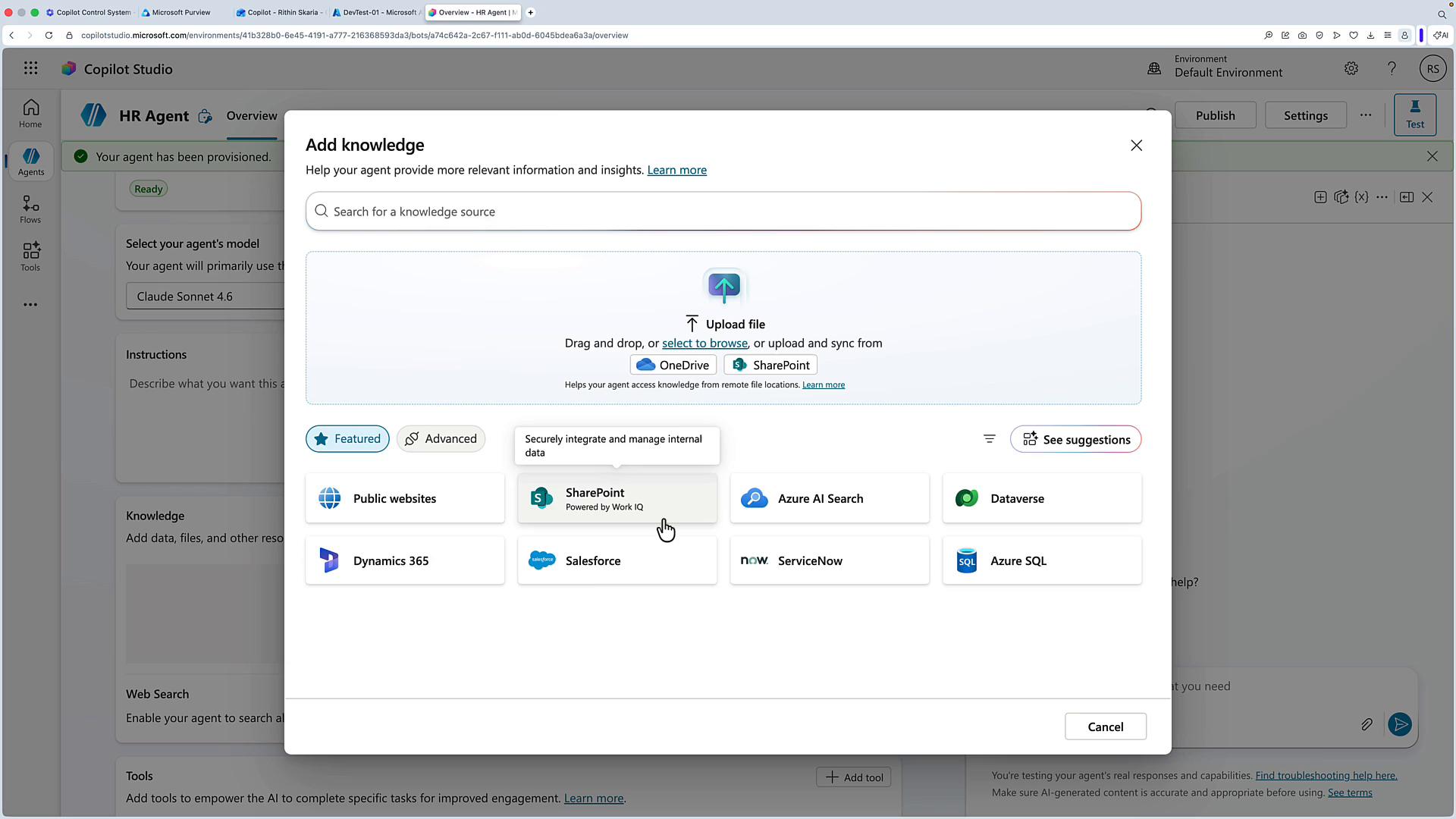 A screenshot of Microsoft Copilot Studio with an "Add knowledge" dialog open for an HR Agent. The dialog shows file upload and sync options plus connectors like OneDrive, SharePoint, Azure AI Search, Dataverse, Dynamics 365, Salesforce, ServiceNow, and Azure SQL.