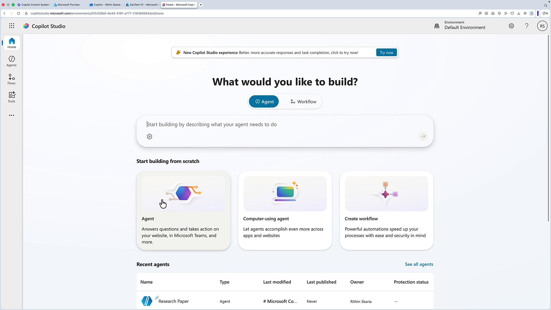 A screenshot of Microsoft Copilot Studio's web interface asking "What would you like to build?" with options to create an Agent or Workflow and a large input field to describe the agent. Below are starter cards for Agent, Computer-using agent, and Create workflow, plus a left sidebar menu and a "Recent agents" list.