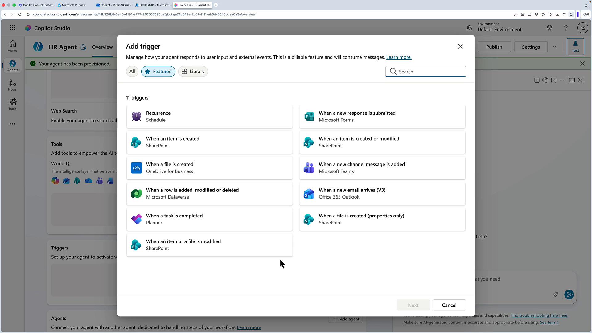 A screenshot of Microsoft Copilot Studio showing an "Add trigger" dialog with a list of automation triggers (Recurrence, SharePoint, OneDrive, Teams, Outlook, Microsoft Forms, Dataverse, Planner, etc.) for an HR Agent. The underlying HR Agent workspace with Publish, Settings and Test buttons is faintly visible in the background.