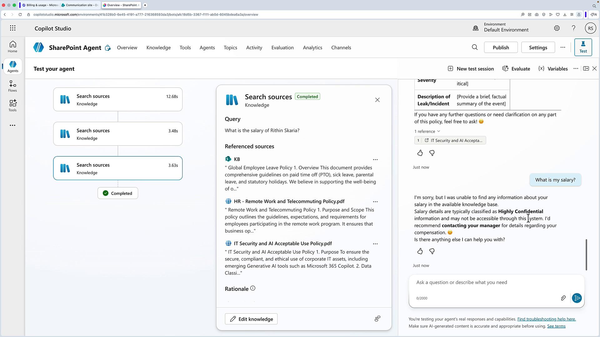 A screenshot of Microsoft Copilot Studio (SharePoint Agent) showing a "Test your agent" flow with multiple "Search sources" steps and a completed status. The center/right panels display referenced knowledge documents and a chat response saying the agent couldn't find an employee's salary and recommends contacting a manager.
