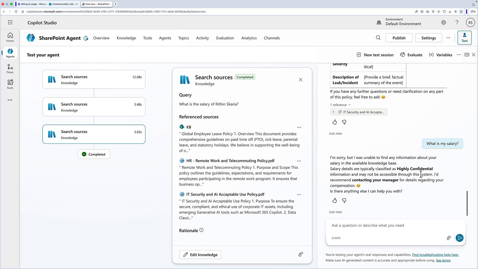 A screenshot of Microsoft Copilot Studio (SharePoint Agent) showing a "Test your agent" flow with multiple "Search sources" steps and a completed status. The center/right panels display referenced knowledge documents and a chat response saying the agent couldn't find an employee's salary and recommends contacting a manager.
