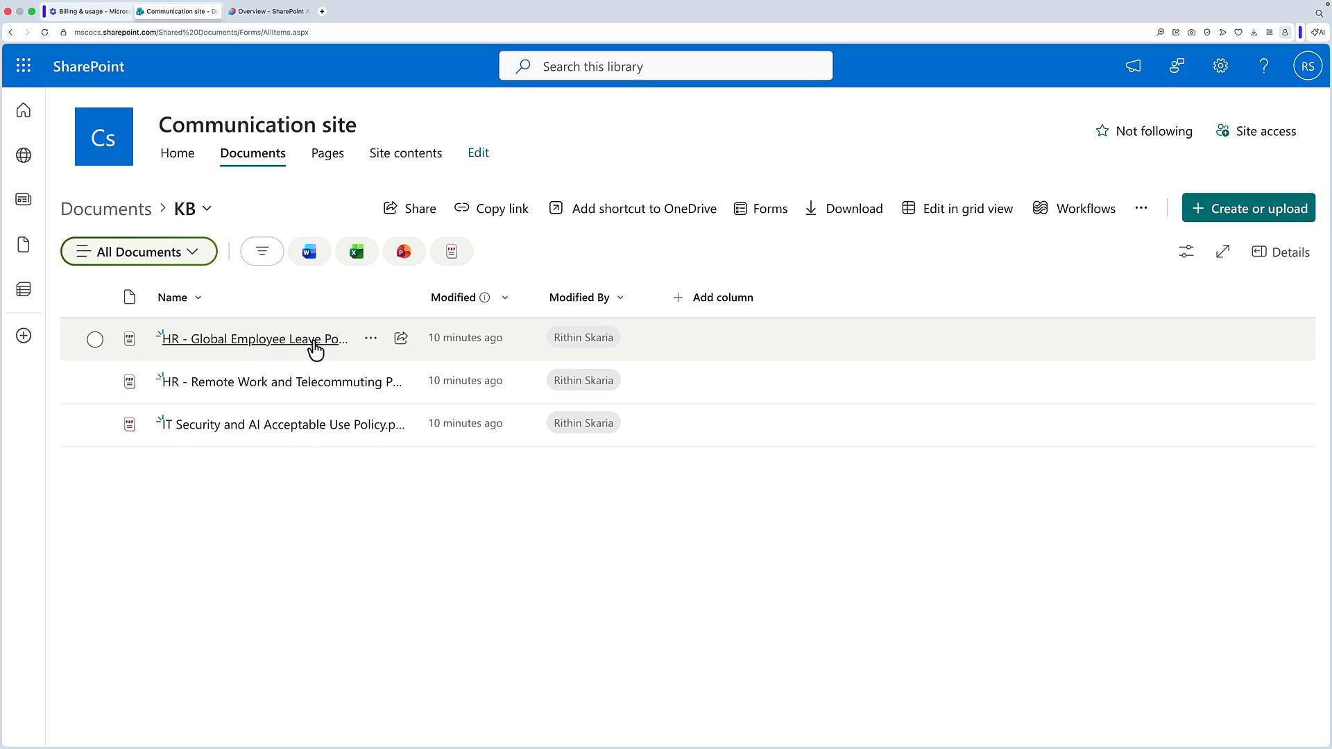 Screenshot of a SharePoint Communication site showing a Documents library (KB) with several policy files (HR and IT) listed, plus toolbar options to search, share, download, and create or upload files.