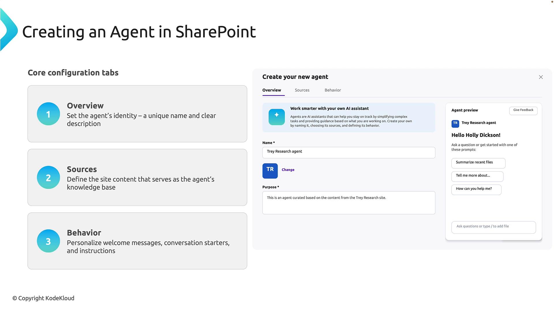 A presentation slide titled "Creating an Agent in SharePoint" showing three core configuration tabs (Overview, Sources, Behavior) on the left and a mockup "Create your new agent" form with an agent preview (named "Trey Research agent") on the right.