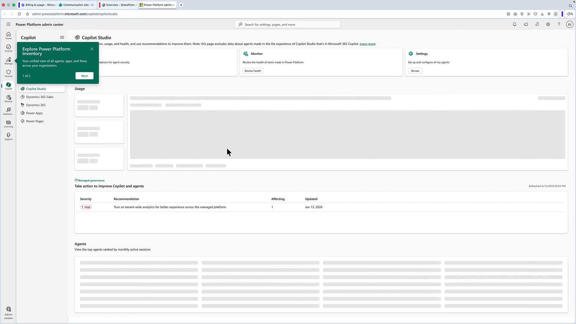 A screenshot of the Microsoft Power Platform admin center showing the Copilot Studio dashboard with usage panels, recommendations, and a left navigation menu. A green tooltip titled "Explore Power Platform Inventory" is open on the screen.