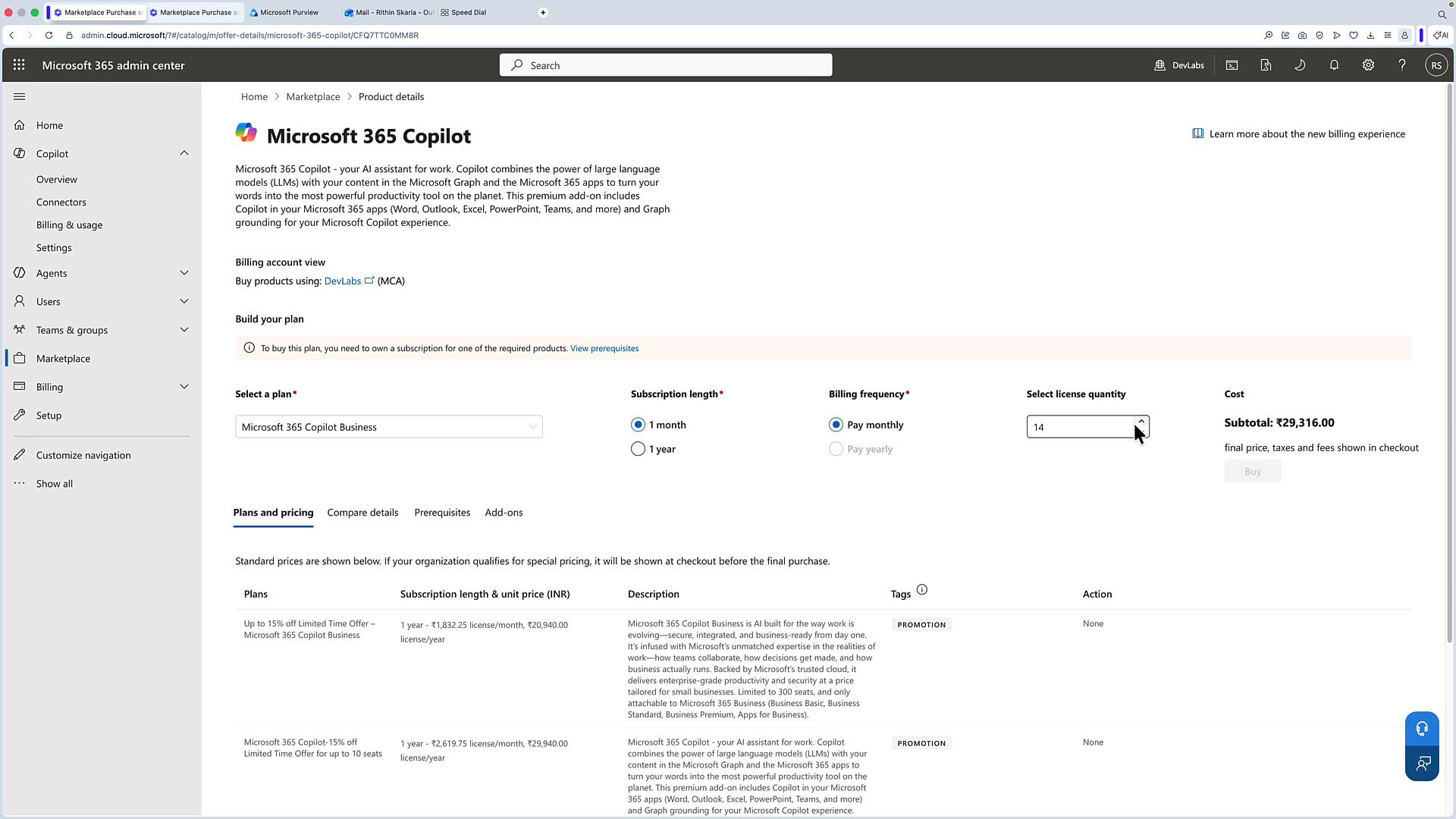 A screenshot of the Microsoft 365 admin center showing the Microsoft 365 Copilot product details and pricing page, with options to select a plan, subscription length, billing frequency, license quantity and a subtotal in INR. The left sidebar shows navigation links (Home, Copilot, Users, Marketplace) and the main pane lists plans and pricing details.