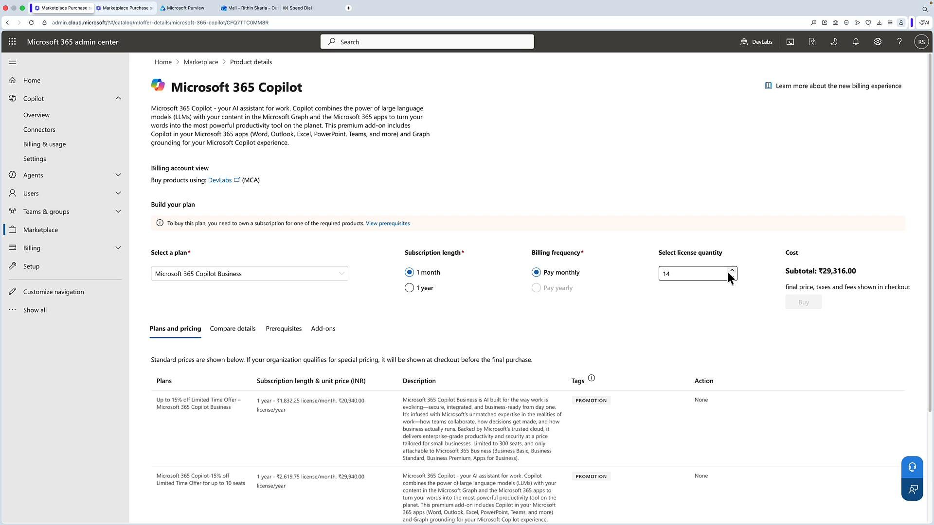 A screenshot of the Microsoft 365 admin center showing the Microsoft 365 Copilot product details and pricing page, with options to select a plan, subscription length, billing frequency, license quantity and a subtotal in INR. The left sidebar shows navigation links (Home, Copilot, Users, Marketplace) and the main pane lists plans and pricing details.