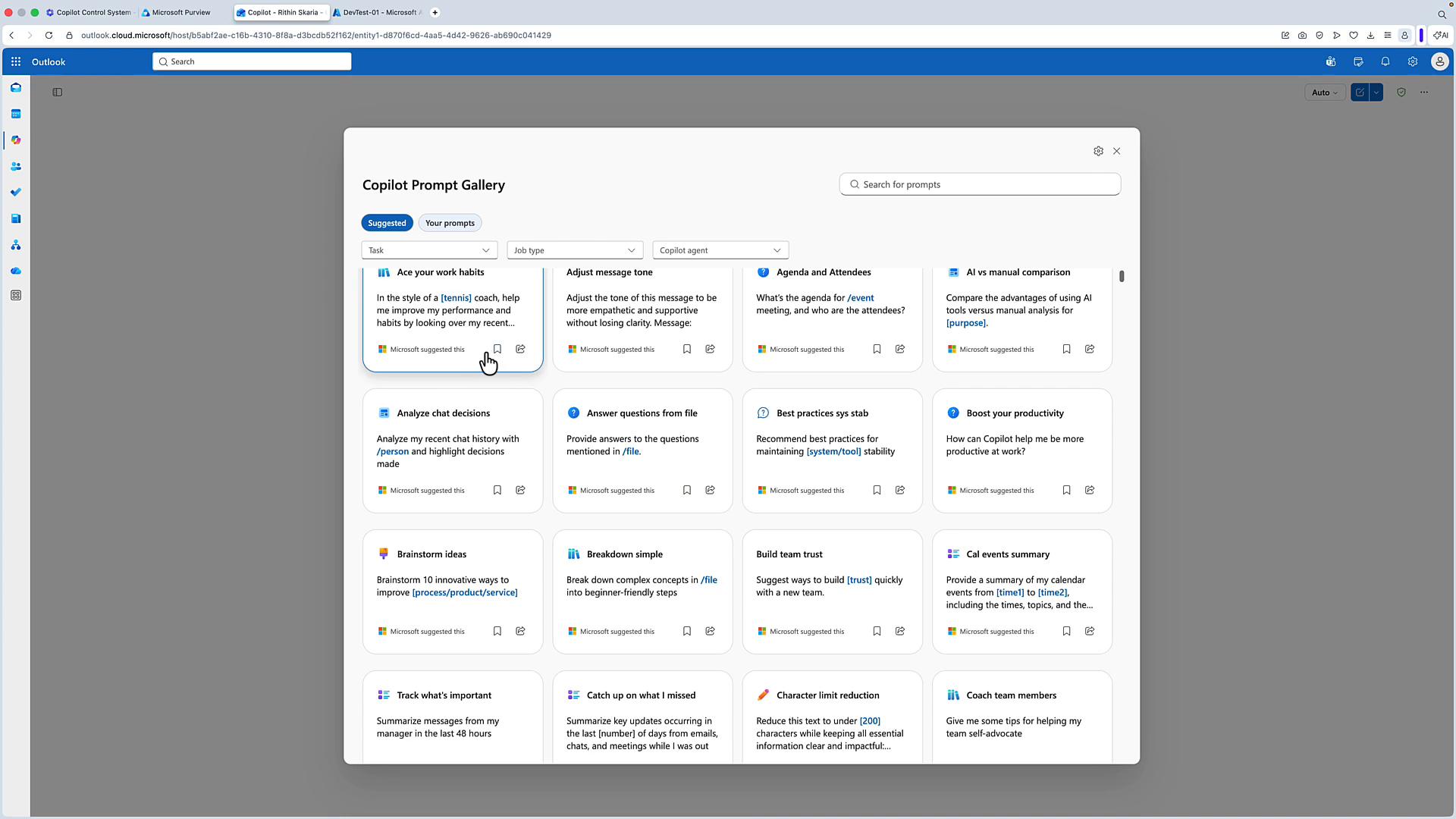 A screenshot of Outlook with a Copilot Prompt Gallery dialog open, showing a grid of suggested prompt cards (e.g., "Ace your work habits," "Adjust message tone," "Agenda and Attendees"). The panel includes search and filter controls and many tiles for different AI assistant prompts.
