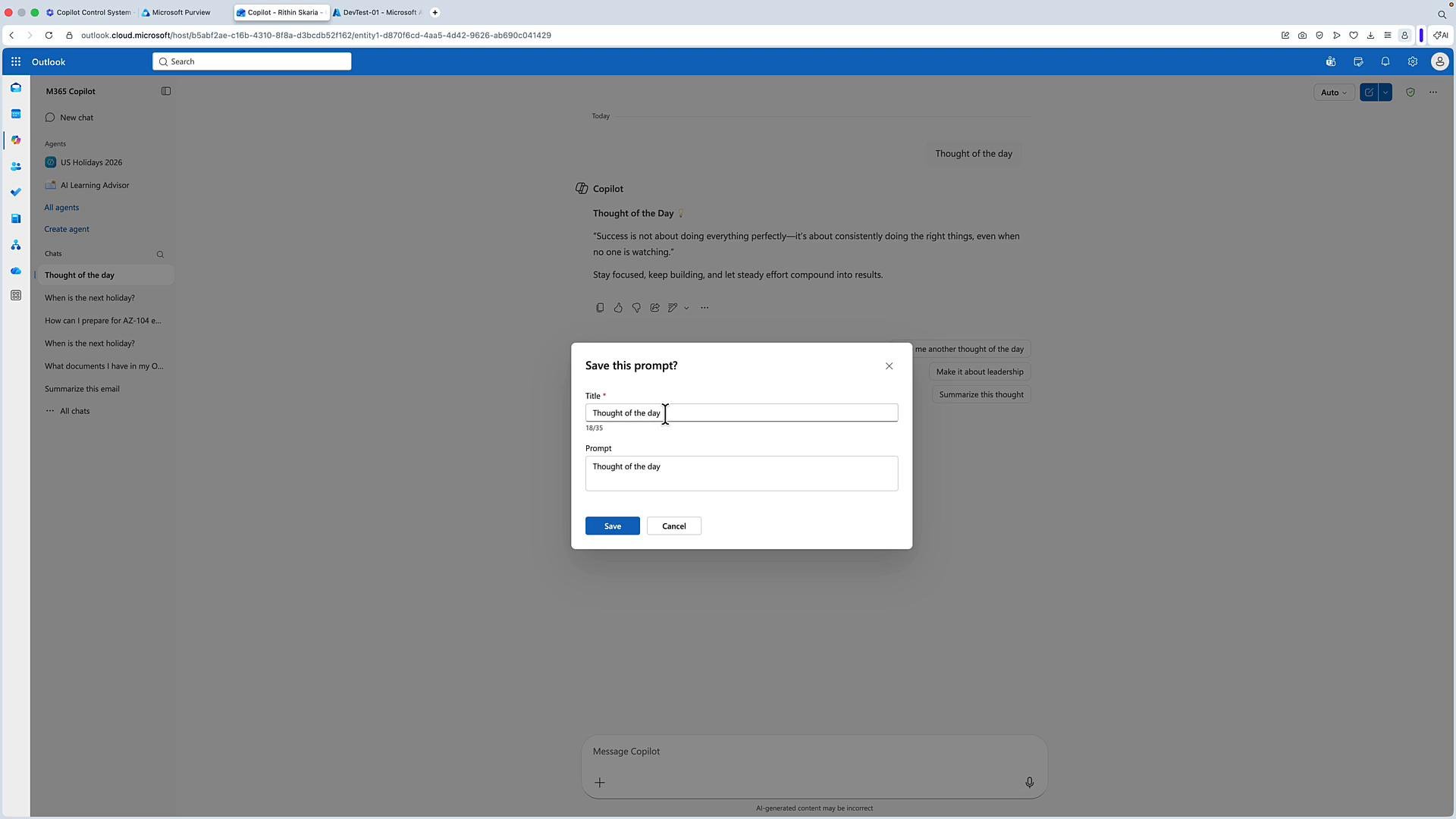 Screenshot of the Outlook web app showing Microsoft Copilot with a "Save this prompt?" dialog open. The modal contains fields for Title and Prompt (both set to "Thought of the day") and Save/Cancel buttons.