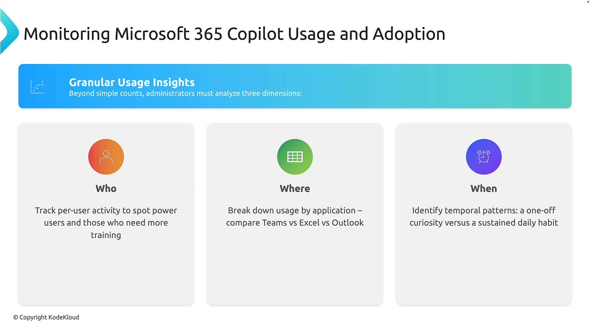 A presentation slide titled "Monitoring Microsoft 365 Copilot Usage and Adoption" with a "Granular Usage Insights" banner. Below are three cards labeled "Who," "Where," and "When," summarizing tracking per-user activity, breaking down usage by application, and identifying temporal patterns.