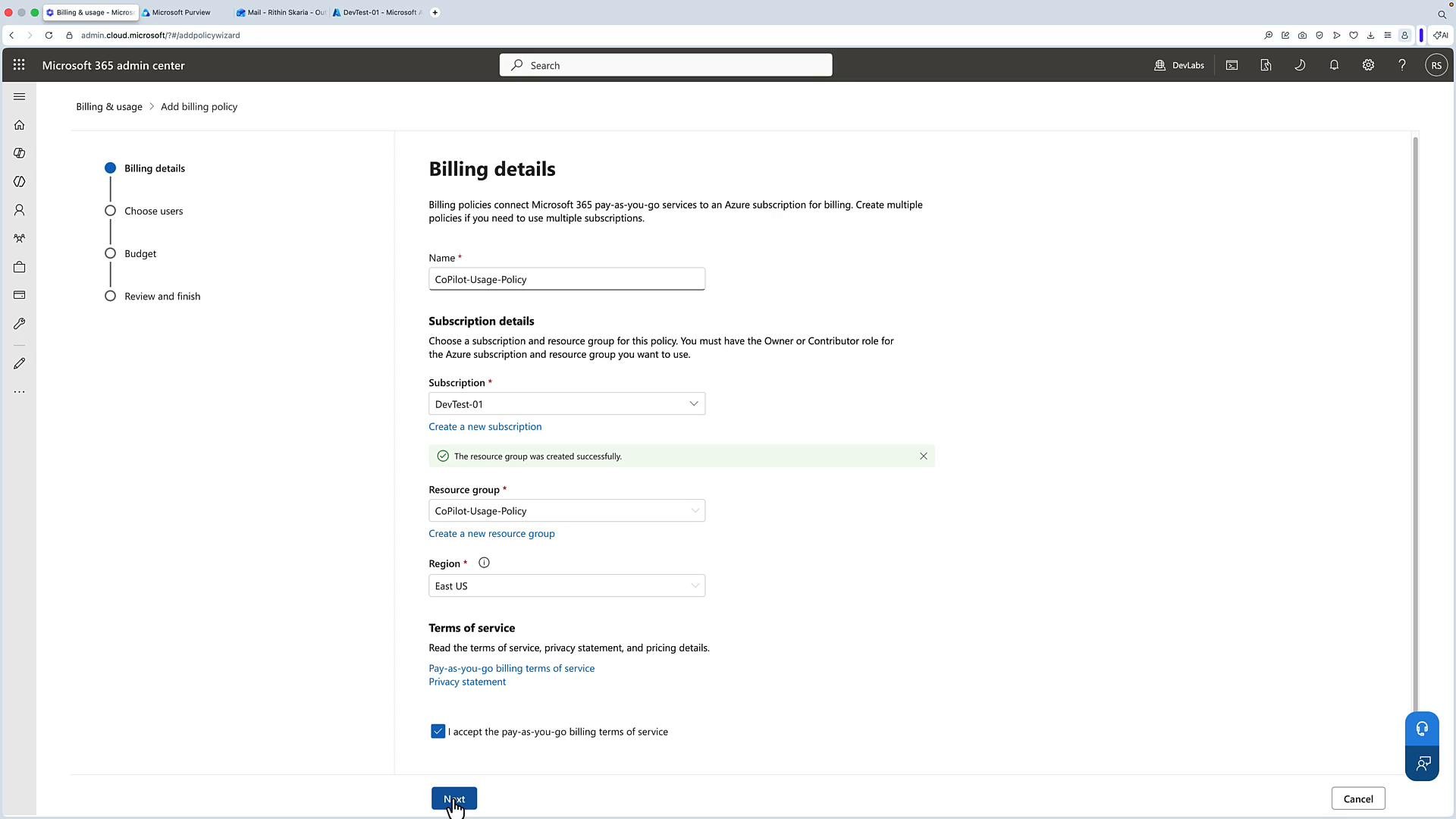 A screenshot of the Microsoft 365 admin center on the "Add billing policy" — Billing details page, showing fields like Name ("CoPilot-Usage-Policy"), Subscription ("DevTest-01"), Resource group and Region. The pay-as-you-go terms checkbox is checked and the Next button is being clicked.