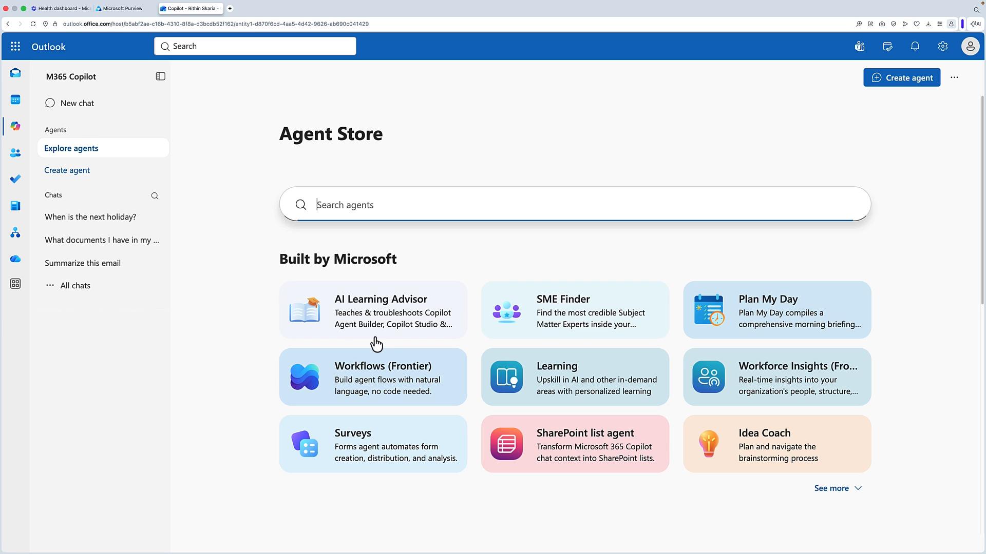 A screenshot of Microsoft Outlook's M365 Copilot "Agent Store" page, featuring a prominent search bar and a grid of built-by-Microsoft agent cards (e.g., AI Learning Advisor, SME Finder, Plan My Day). The left sidebar shows navigation options like "Explore agents" and "Create agent."