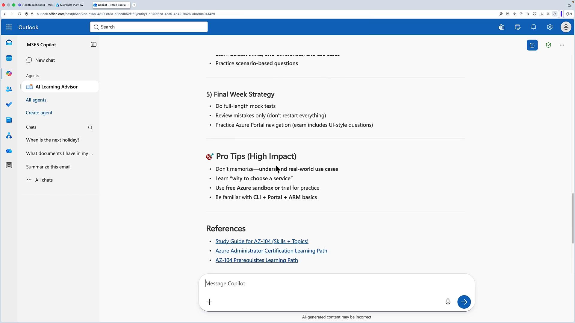 A screenshot of the Outlook web app showing the M365 Copilot sidebar on the left and a study guide open on the right. The document displays sections titled "Final Week Strategy" and "Pro Tips (High Impact)" with a message/chat input box at the bottom.