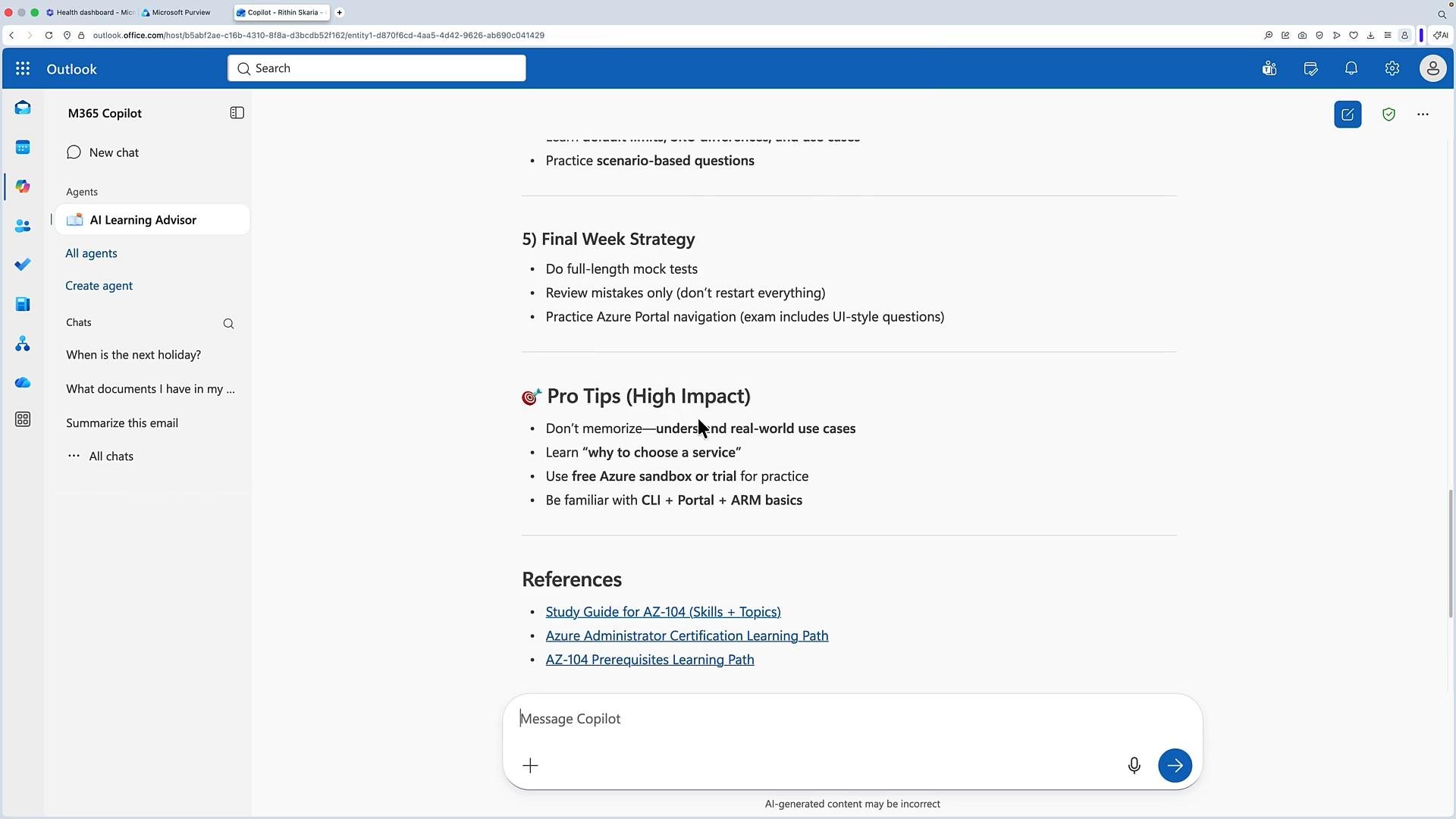 A screenshot of the Outlook web app showing the M365 Copilot sidebar on the left and a study guide open on the right. The document displays sections titled "Final Week Strategy" and "Pro Tips (High Impact)" with a message/chat input box at the bottom.