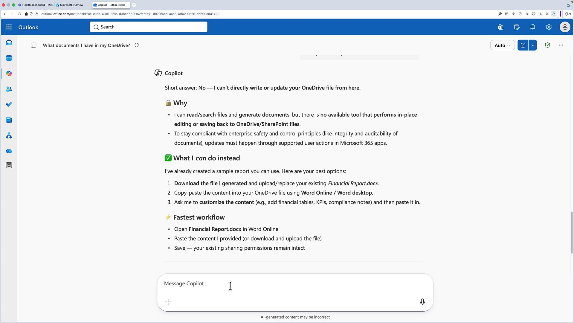 A screenshot of Outlook on the web with the Copilot pane open, showing a message that it can't directly edit OneDrive files and listing alternative options (download, copy‑paste, or customize content). A message input box for Copilot is visible at the bottom of the page.