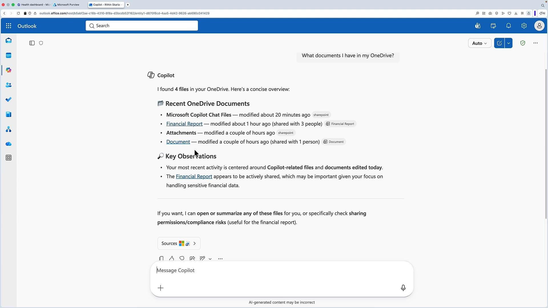 A screenshot of the Outlook web app showing Microsoft Copilot's OneDrive summary, listing recent documents (like "Microsoft Copilot Chat Files" and "Financial Report") and key observations. A message input box for Copilot is visible at the bottom of the page.