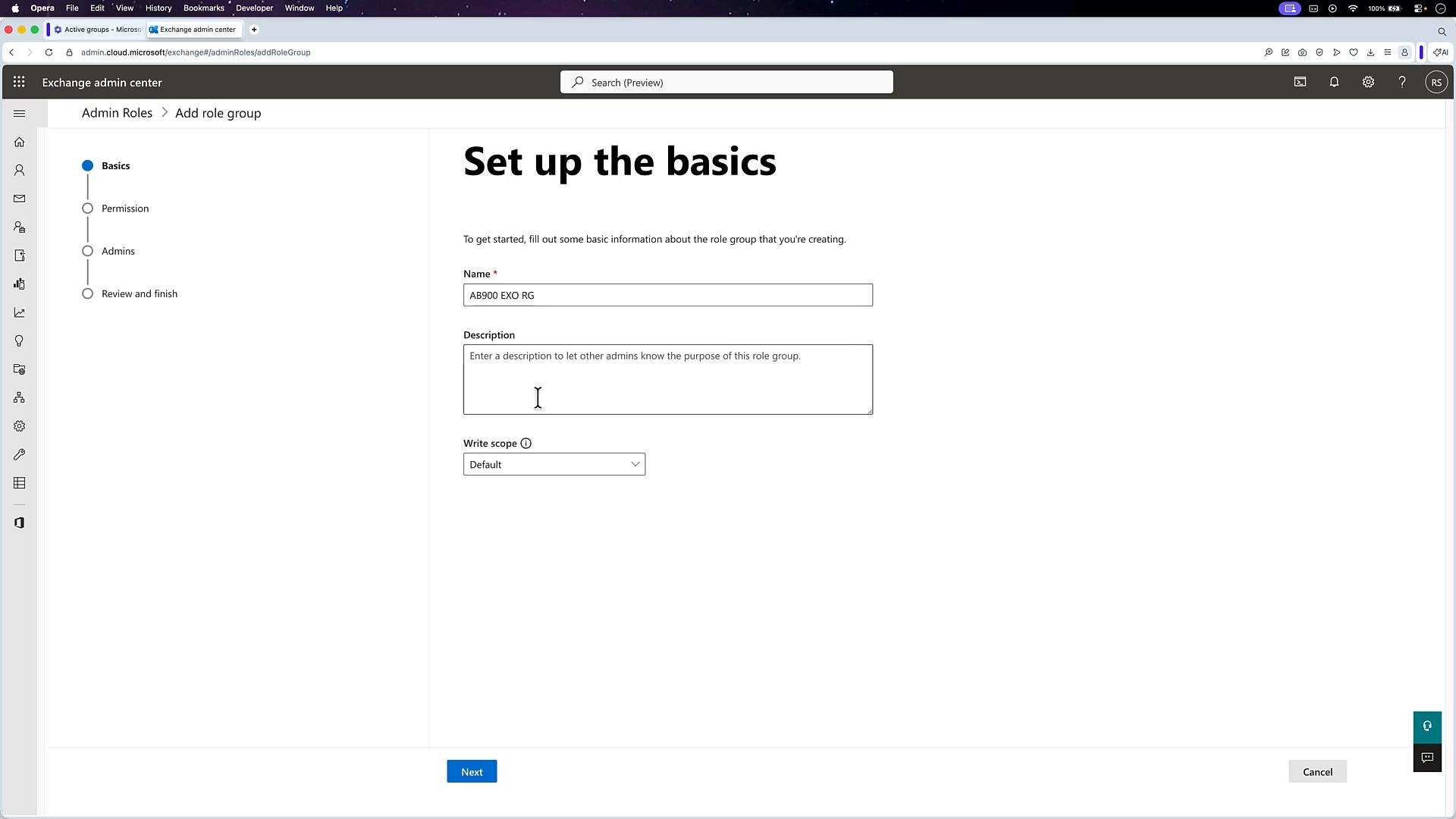 A screenshot of the Microsoft Exchange admin center showing the "Add role group" workflow with a "Set up the basics" form. The page displays fields for the role group's Name, Description, and Write scope.