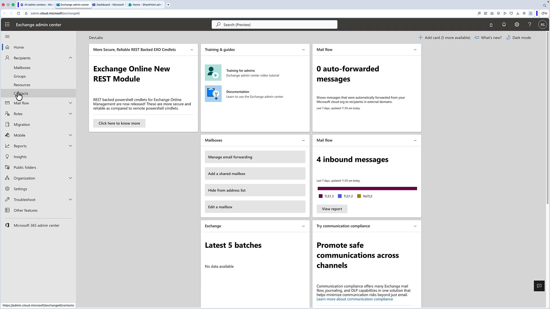 A screenshot of the Microsoft Exchange admin center web interface showing dashboard tiles for Exchange Online (REST module), mail flow stats (e.g., "0 auto-forwarded messages" and "4 inbound messages"), mailbox management actions, and the left-hand navigation menu.