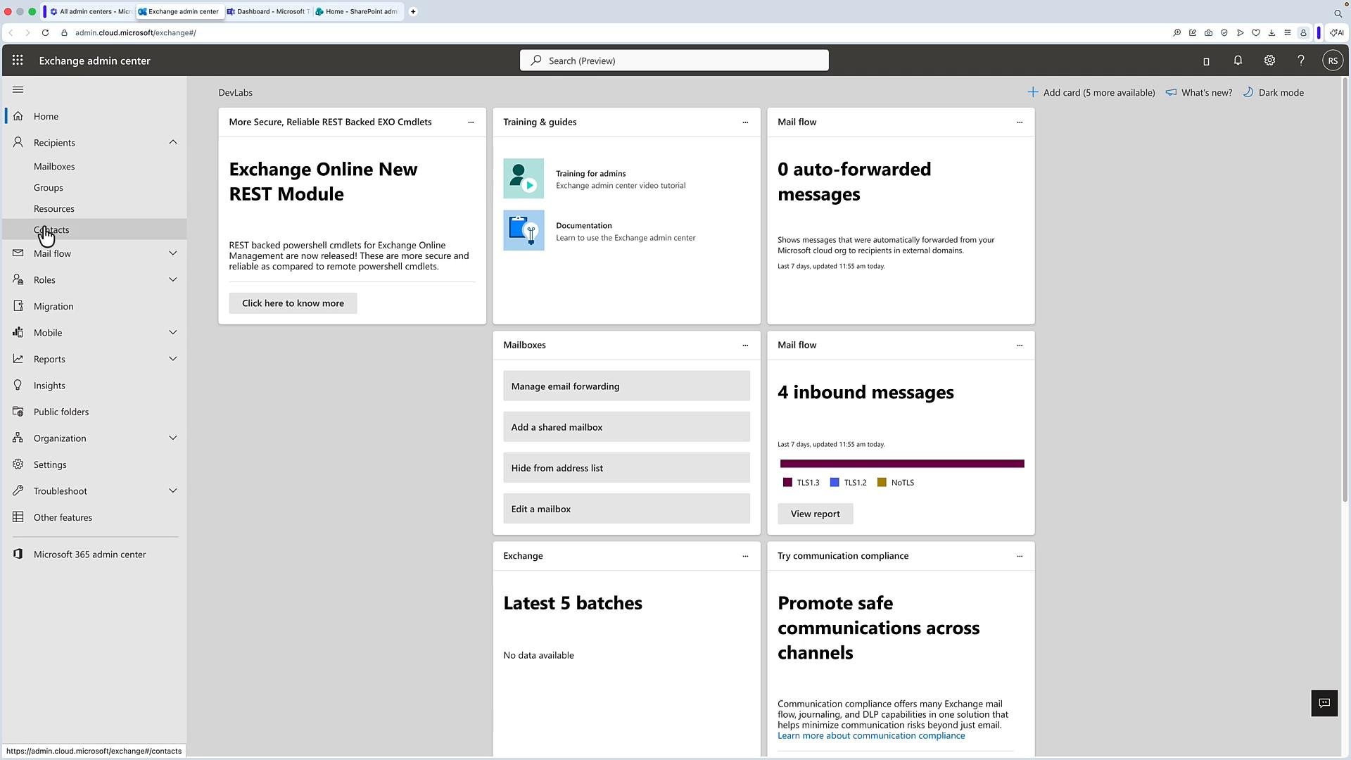 A screenshot of the Microsoft Exchange admin center web interface showing dashboard tiles for Exchange Online (REST module), mail flow stats (e.g., "0 auto-forwarded messages" and "4 inbound messages"), mailbox management actions, and the left-hand navigation menu.