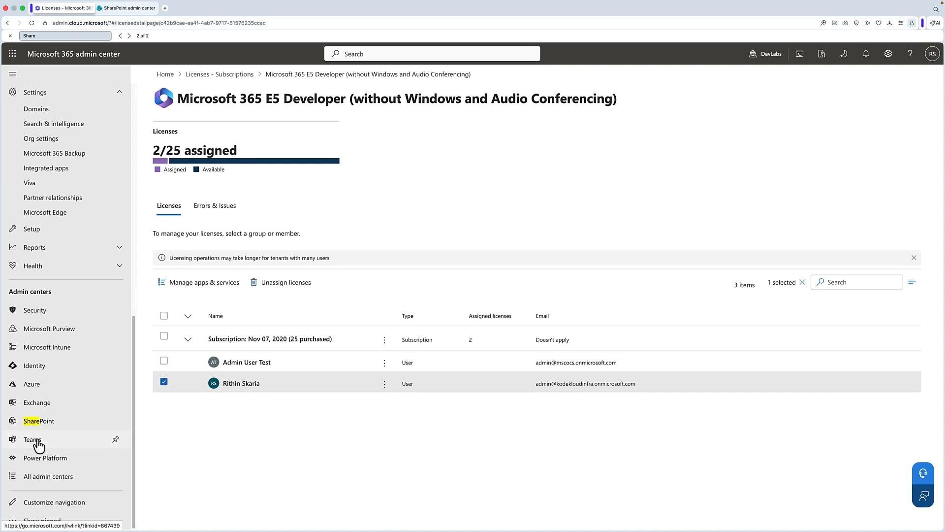 A screenshot of the Microsoft 365 admin center showing the Microsoft 365 E5 Developer subscription license page, indicating 2 of 25 licenses assigned. The page also shows a list of assigned users and the left-hand admin navigation menu.