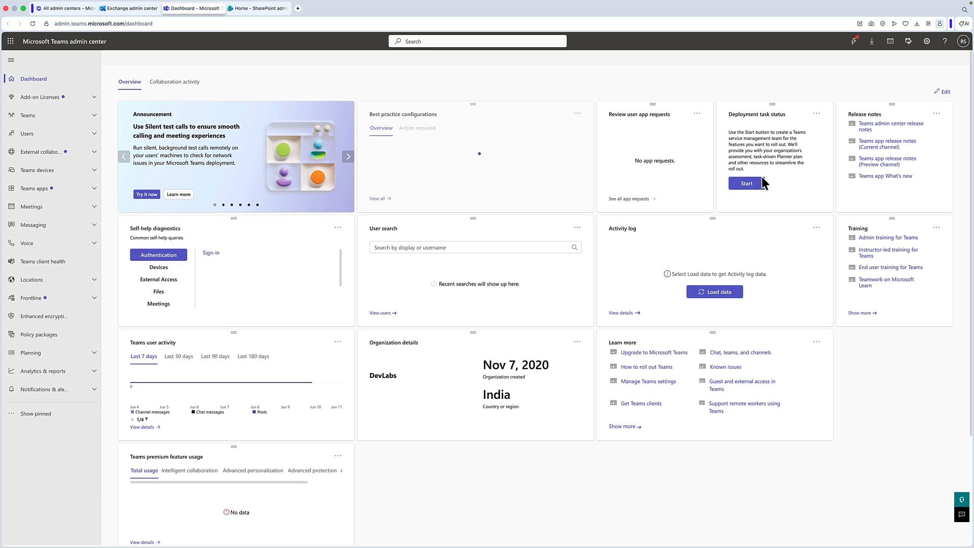 A screenshot of the Microsoft Teams admin center dashboard. It shows overview tiles and widgets (announcements, user search, activity log, deployment tasks, training) with a left-hand navigation menu for admin settings.