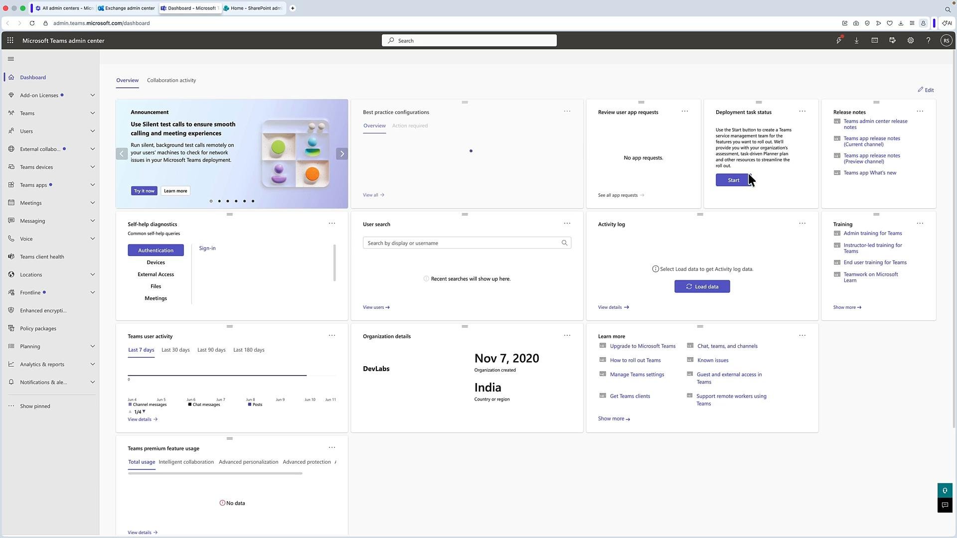 A screenshot of the Microsoft Teams admin center dashboard. It shows overview tiles and widgets (announcements, user search, activity log, deployment tasks, training) with a left-hand navigation menu for admin settings.