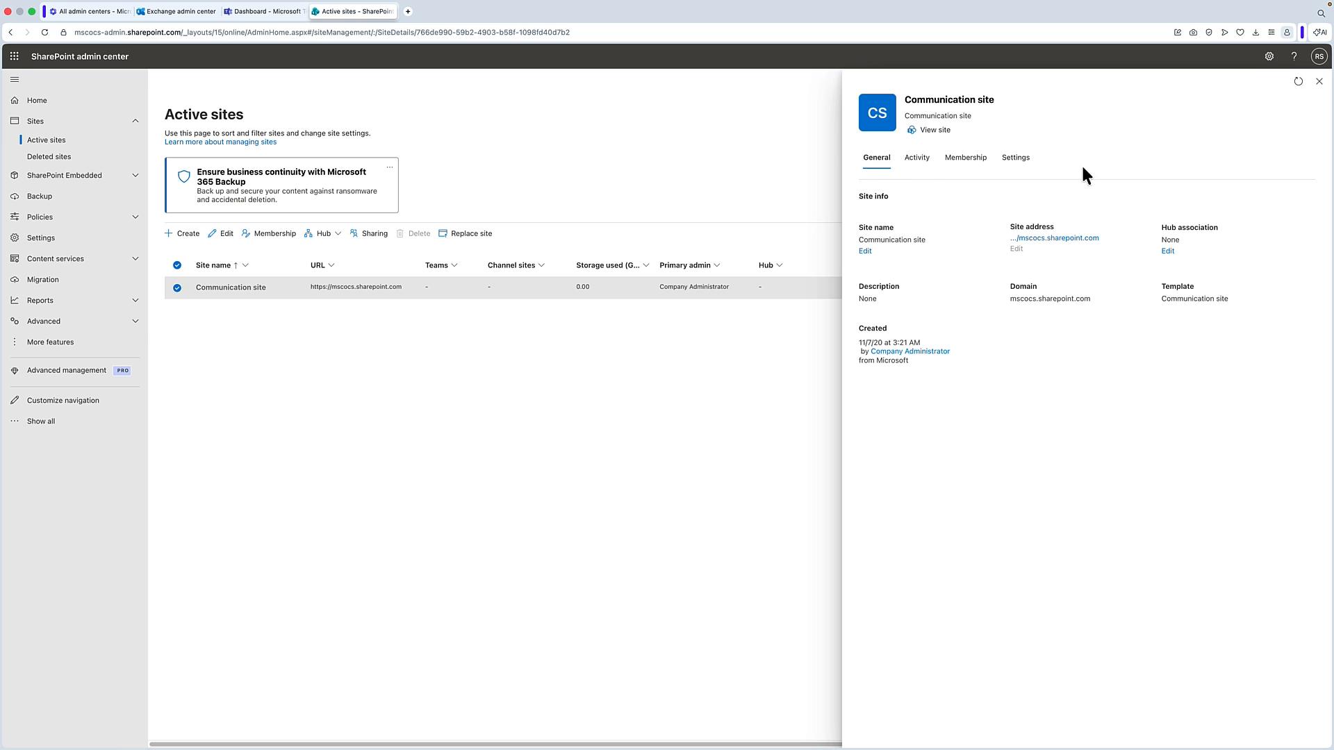 Screenshot of the SharePoint admin center showing the "Active sites" list with a "Communication site" selected. A site details pane is open on the right and the left navigation menu with site management options is visible.