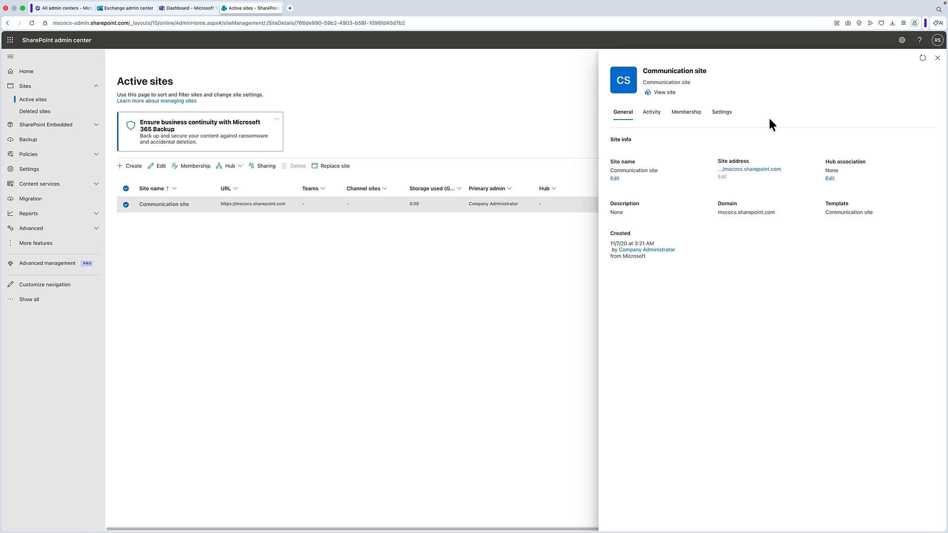 Screenshot of the SharePoint admin center showing the "Active sites" list with a "Communication site" selected. A site details pane is open on the right and the left navigation menu with site management options is visible.
