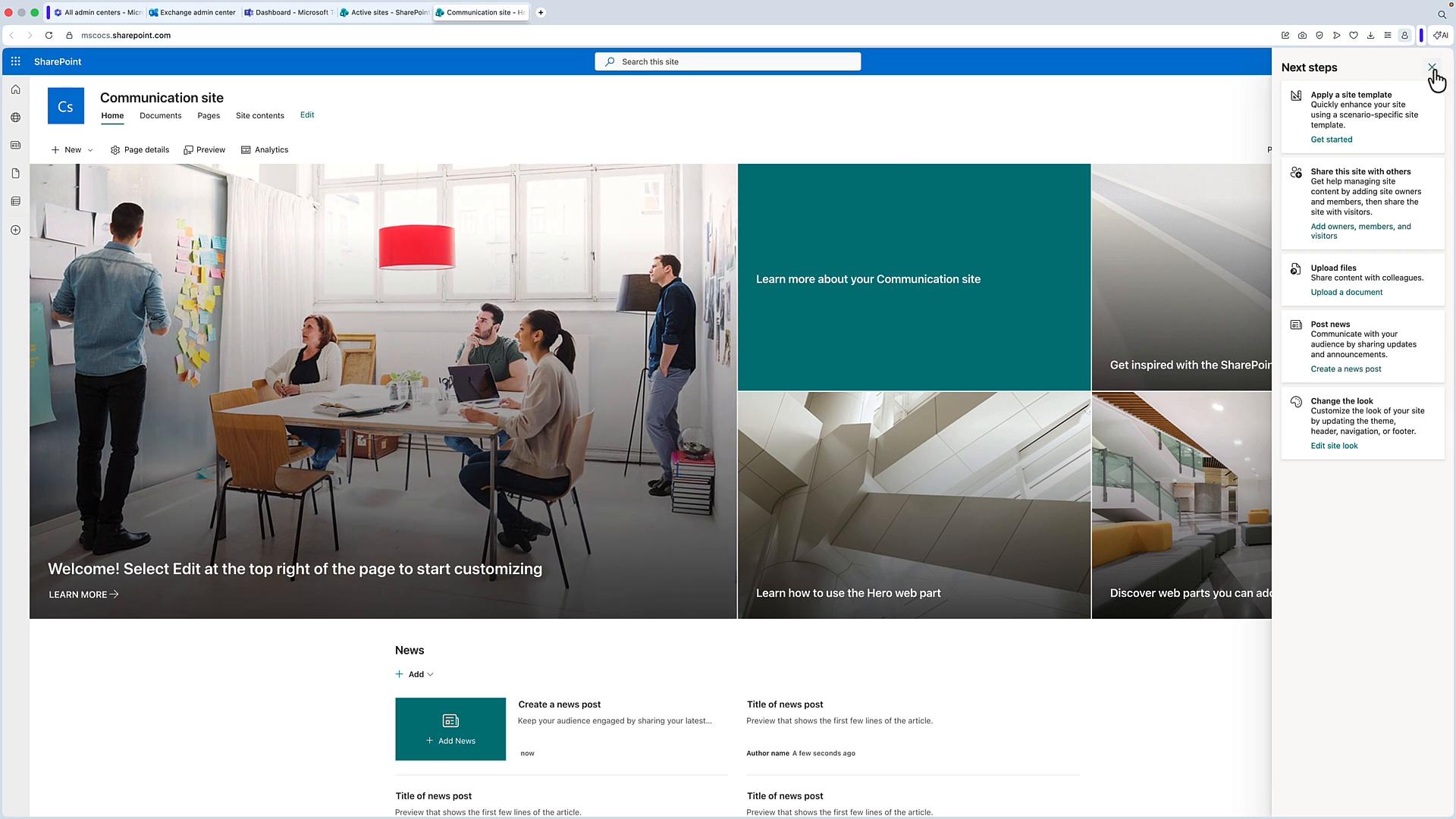 A screenshot of a SharePoint "Communication site" homepage showing a large hero area with photos of people collaborating and tiled content cards. A right‑hand "Next steps" panel lists site setup actions, and a News section appears below.