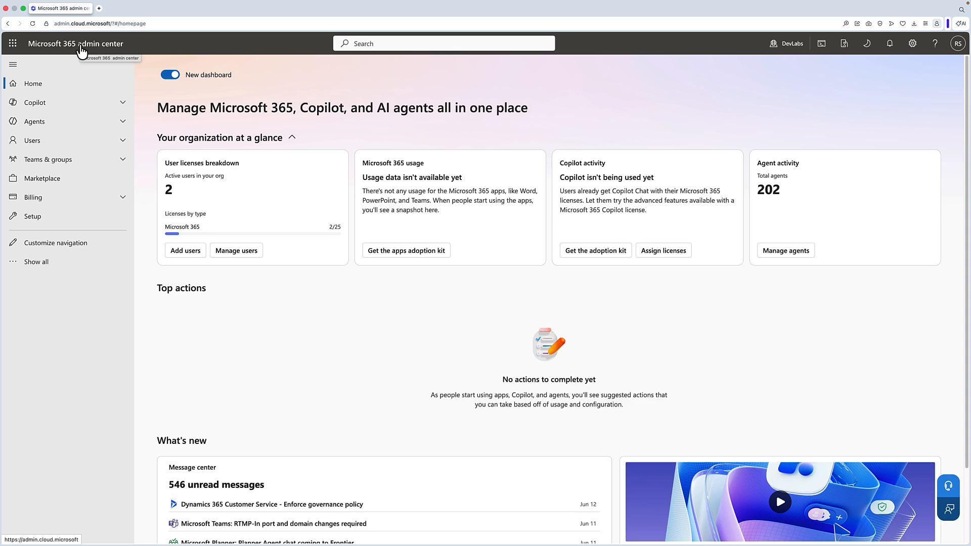 A screenshot of the Microsoft 365 admin center dashboard. It shows organization summary cards for user licenses, Microsoft 365 usage, Copilot and agent activity, with a left-hand navigation menu.