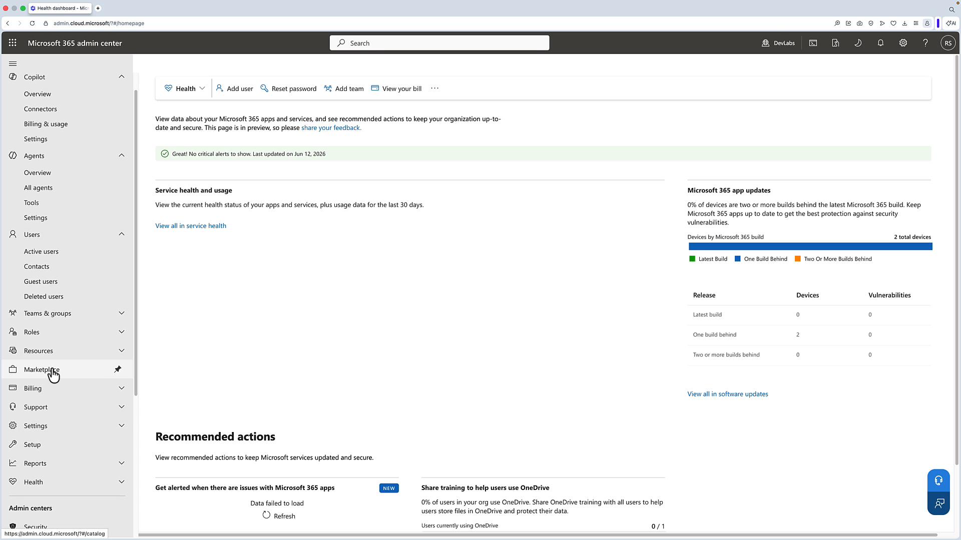 A screenshot of the Microsoft 365 admin center dashboard showing service health, usage info, and a Microsoft 365 app updates chart on the right. The left sidebar displays admin navigation items like Copilot, Agents, Users, Teams & groups, and Marketplace.