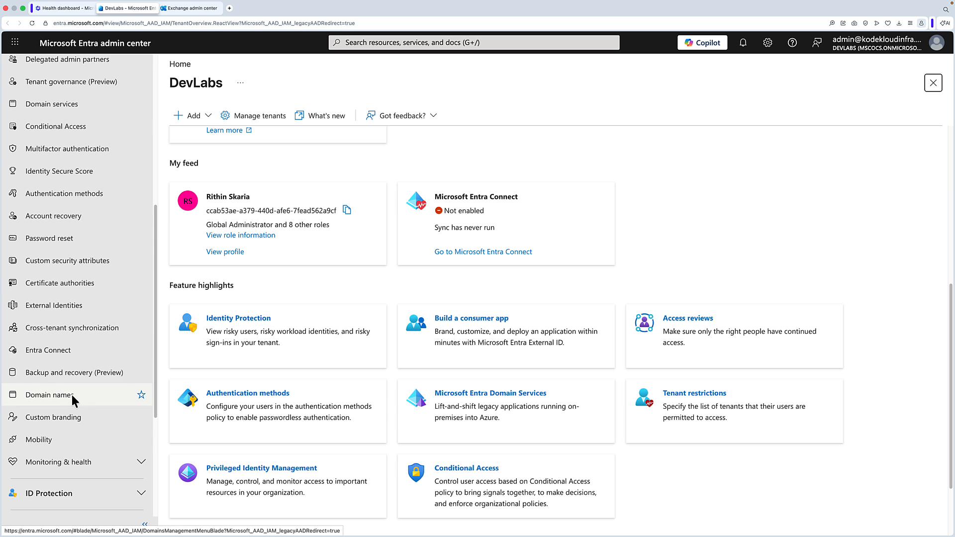 A screenshot of the Microsoft Entra admin center dashboard for a tenant called "DevLabs," showing the left navigation menu and a central feed with feature cards (Identity Protection, Authentication methods, Conditional Access, etc.). The top bar shows search and account controls and a card indicates Microsoft Entra Connect sync is not enabled.