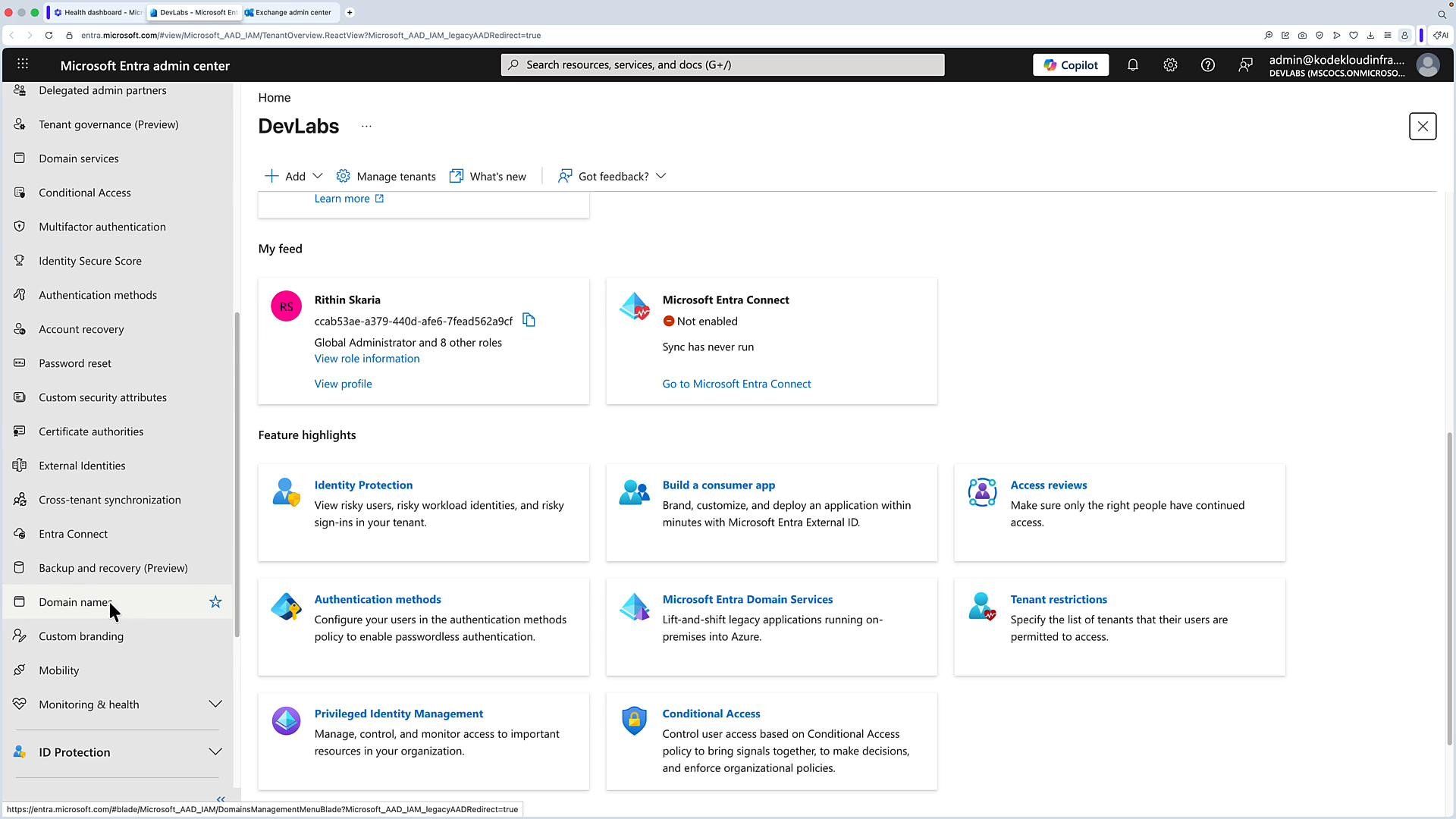A screenshot of the Microsoft Entra admin center dashboard for a tenant called "DevLabs," showing the left navigation menu and a central feed with feature cards (Identity Protection, Authentication methods, Conditional Access, etc.). The top bar shows search and account controls and a card indicates Microsoft Entra Connect sync is not enabled.