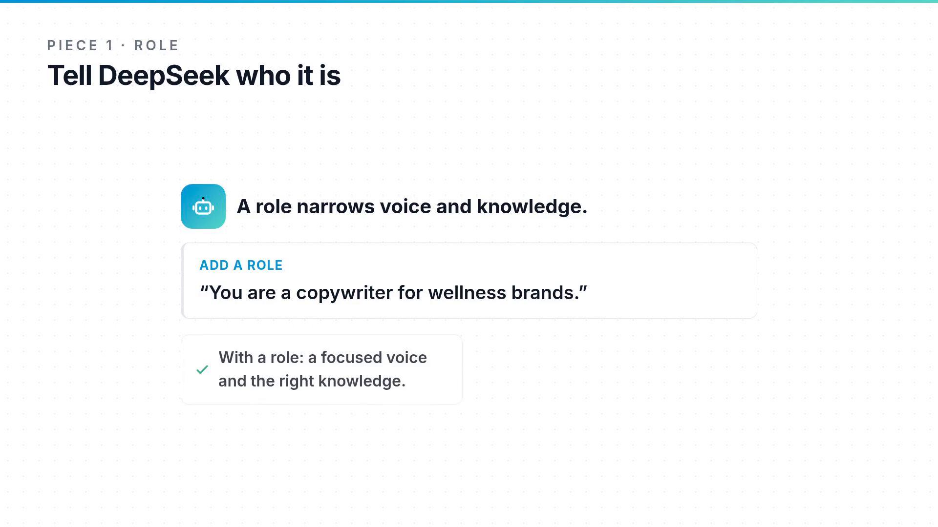 A webpage or app screen titled "Tell DeepSeek who it is" explaining that a role narrows voice and knowledge. It shows an "Add a role" example: "You are a copywriter for wellness brands," plus a note about having a focused voice and the right knowledge.
