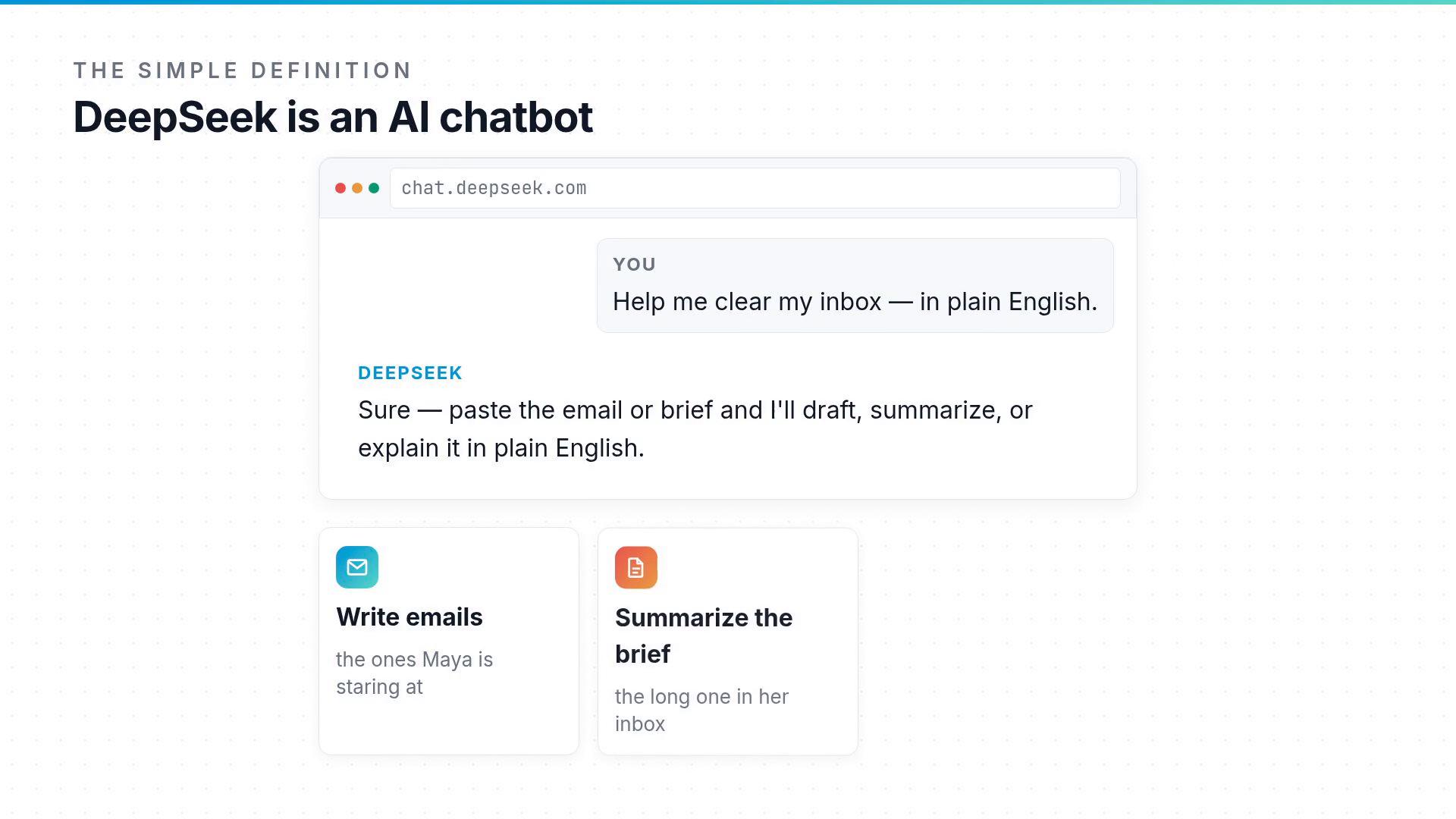 A webpage mockup for "DeepSeek is an AI chatbot" showing a chat window where the user asks to clear their inbox and the bot offers to draft, summarize, or explain emails. Below are two feature cards for writing emails and summarizing briefs.