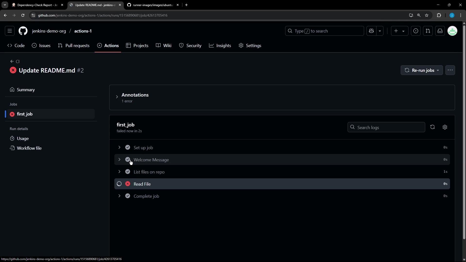 A GitHub Actions run page (dark theme) showing a failed workflow "Update README.md #2" for the repo, with the job "first_job" and a failed "Read File" step. Other steps like "Set up job" and "Welcome Message" are shown as completed.