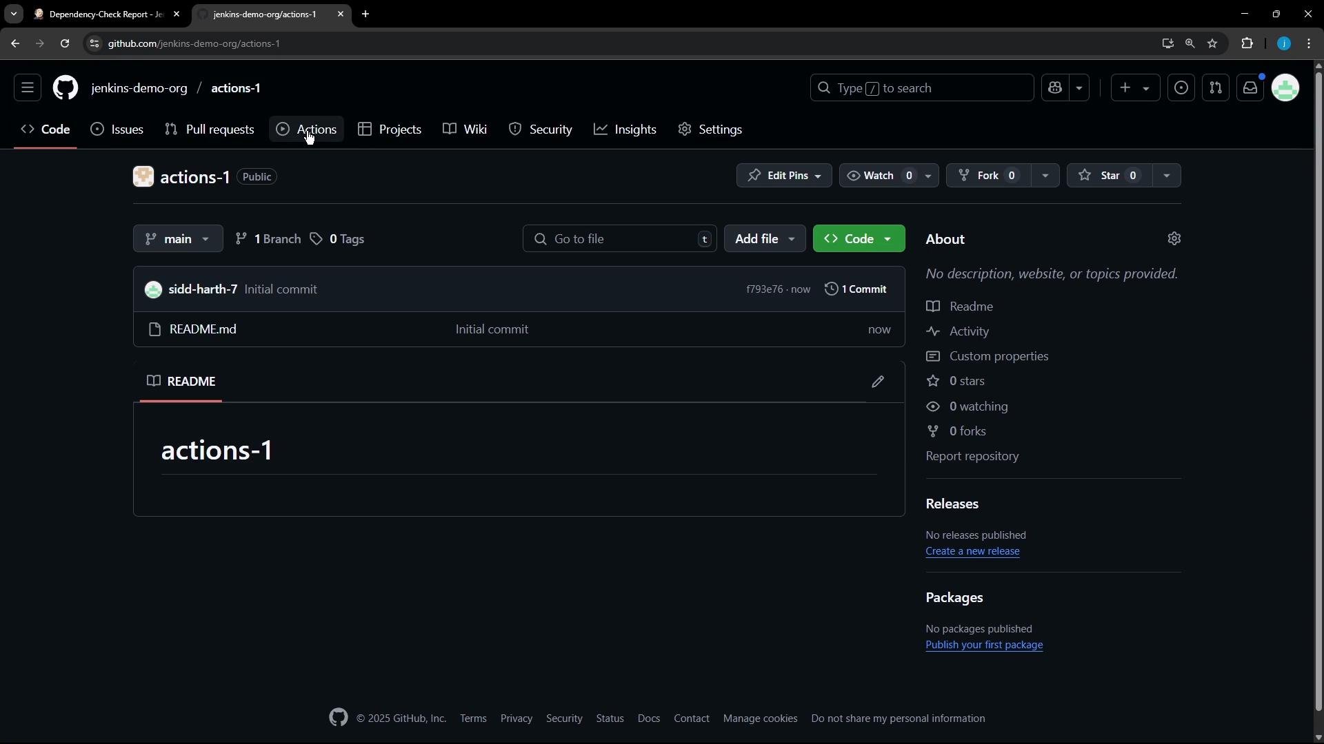 A dark-mode GitHub repository page for "actions-1" showing the main branch, an initial commit and a README.md file. The right sidebar displays repository metadata like stars, forks, releases, and package links.
