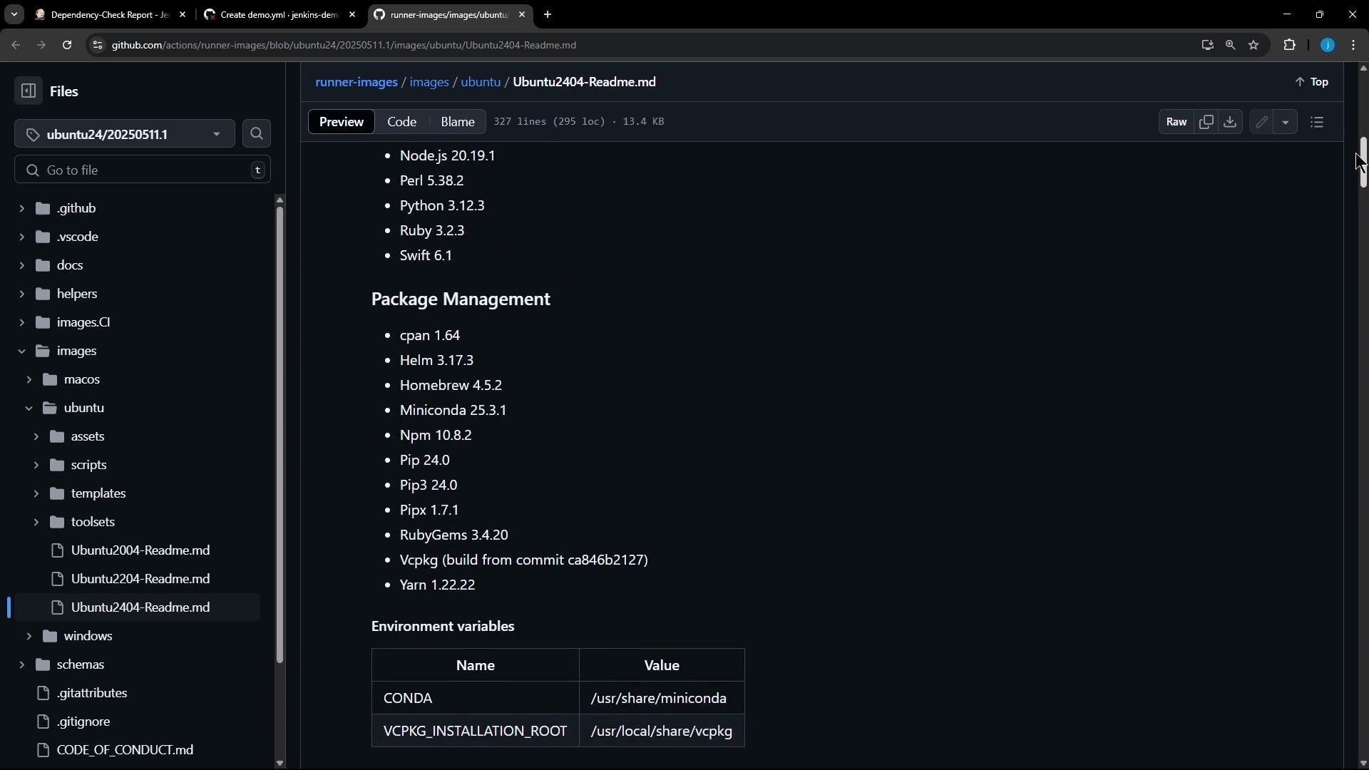 A GitHub repository page showing the Ubuntu2404-Readme.md file in a dark theme, listing installed languages (Node.js, Python, Ruby, etc.) and package management tools with a file tree in the left sidebar.