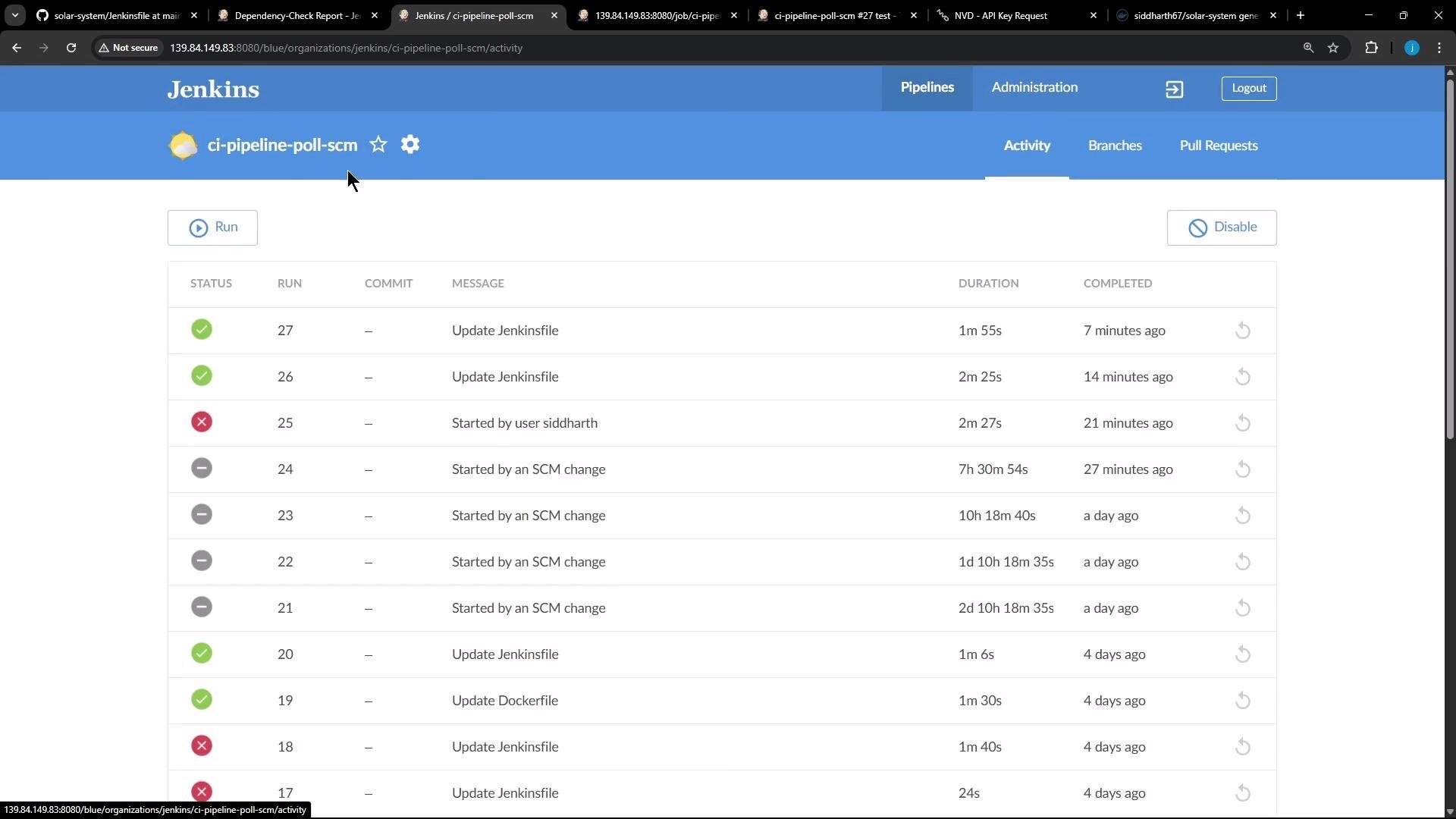 A screenshot of the Jenkins Blue Ocean pipeline activity page for the job "ci-pipeline-poll-scm", showing a list of recent pipeline runs with status icons, run numbers, messages and durations.