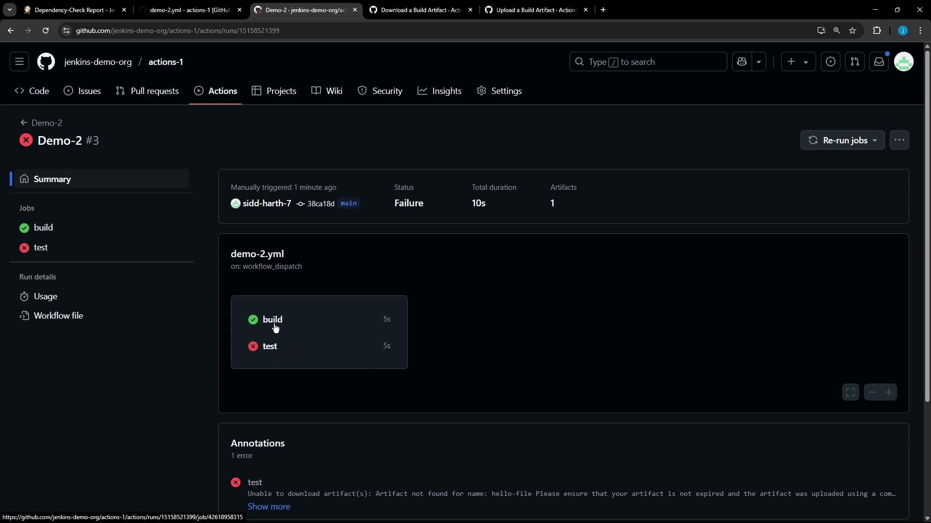 A dark-mode GitHub Actions run details page for a workflow named "Demo-2 #3" showing the overall run marked Failure. The build job passed but the test job failed with an artifact-not-found error.
