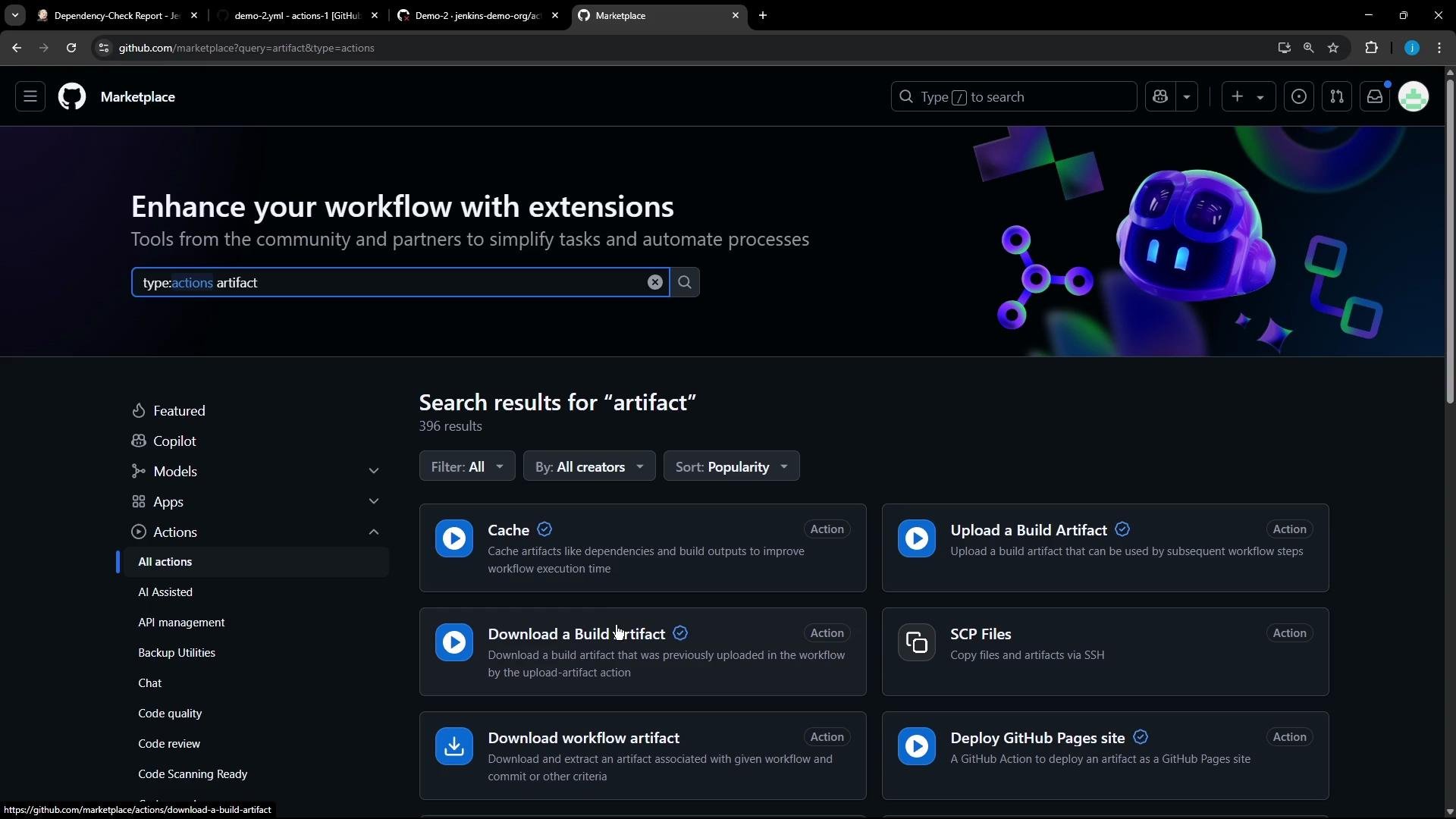 A screenshot of the GitHub Marketplace in dark mode showing search results for "artifact" under Actions, with action cards like Cache, Upload a Build Artifact, and Download a Build Artifact. The page header reads "Enhance your workflow with extensions" and includes a prominent search box.