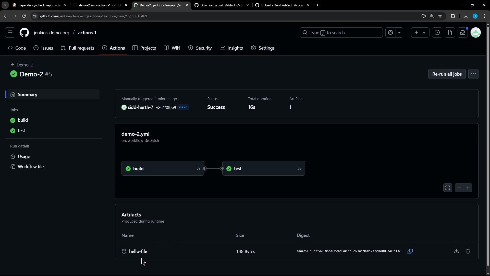 Screenshot of a GitHub Actions run page for "Demo-2 #5" showing a successful workflow. The graph shows completed "build" and "test" jobs and an artifact named "hello-file" listed below.