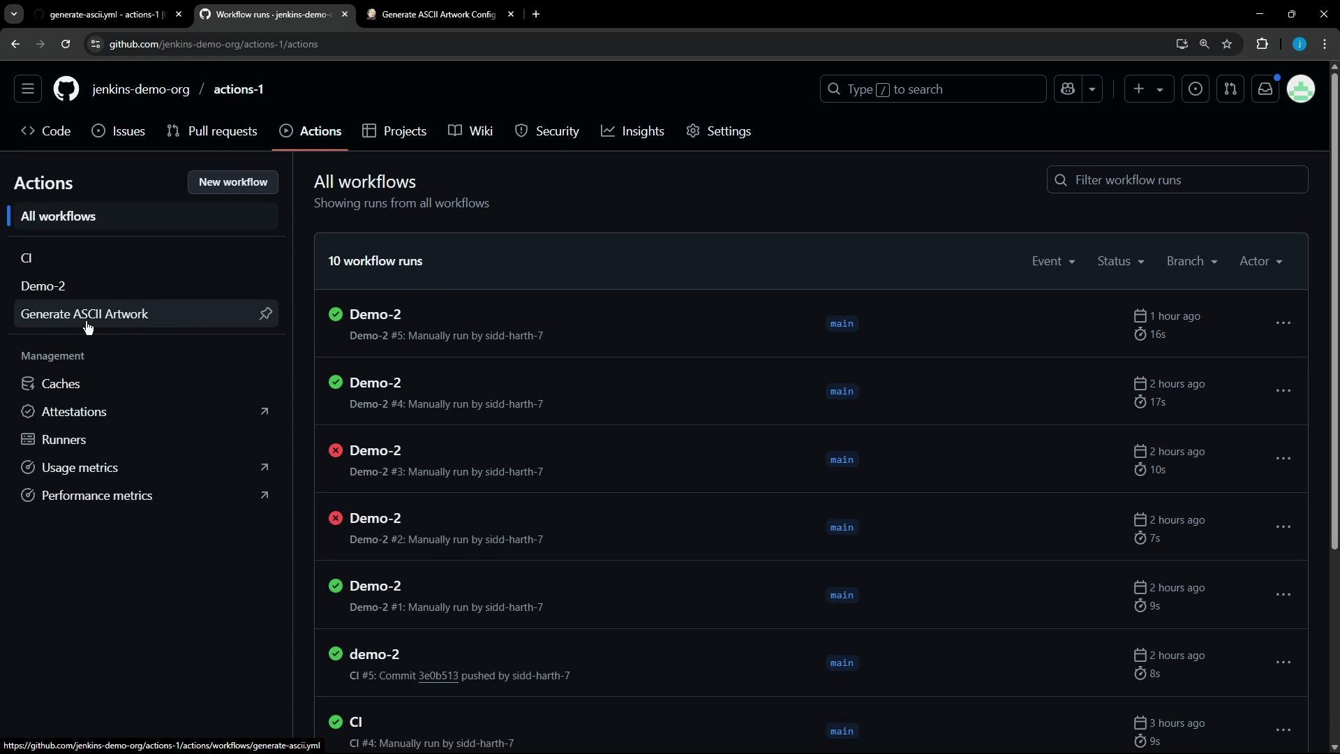 A dark-theme GitHub Actions page showing a repository's workflows and sidebar (including a "Generate ASCII Artwork" entry). The main panel lists recent workflow runs (several "Demo-2" entries) with success/failure icons, branch tags and timestamps.