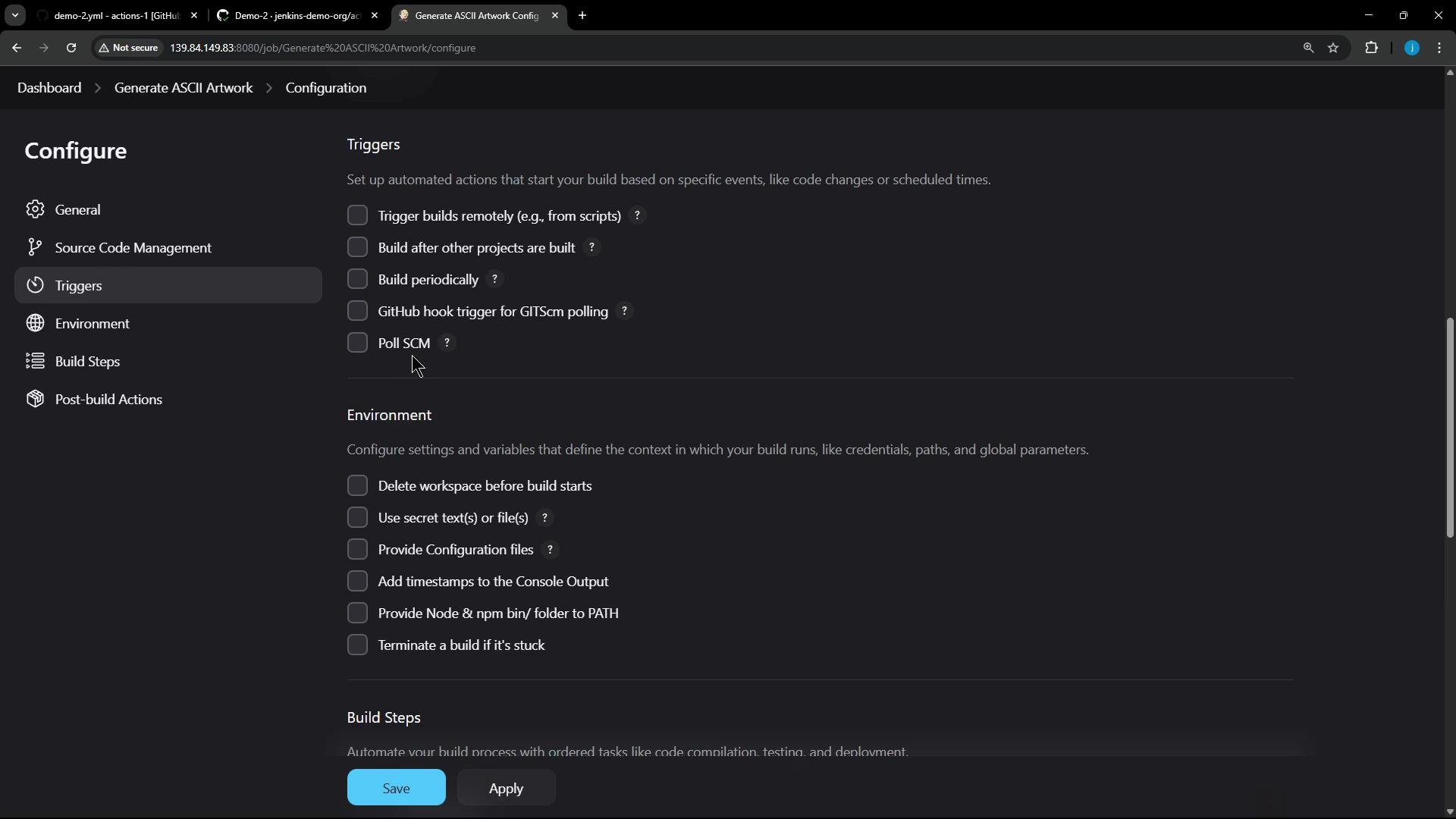 A dark-themed Jenkins "Configure" settings screen showing the Triggers and Environment sections with multiple checkboxes (e.g., Poll SCM, Build periodically). The left sidebar lists job configuration tabs like General, Source Code Management, Triggers, and Build Steps.